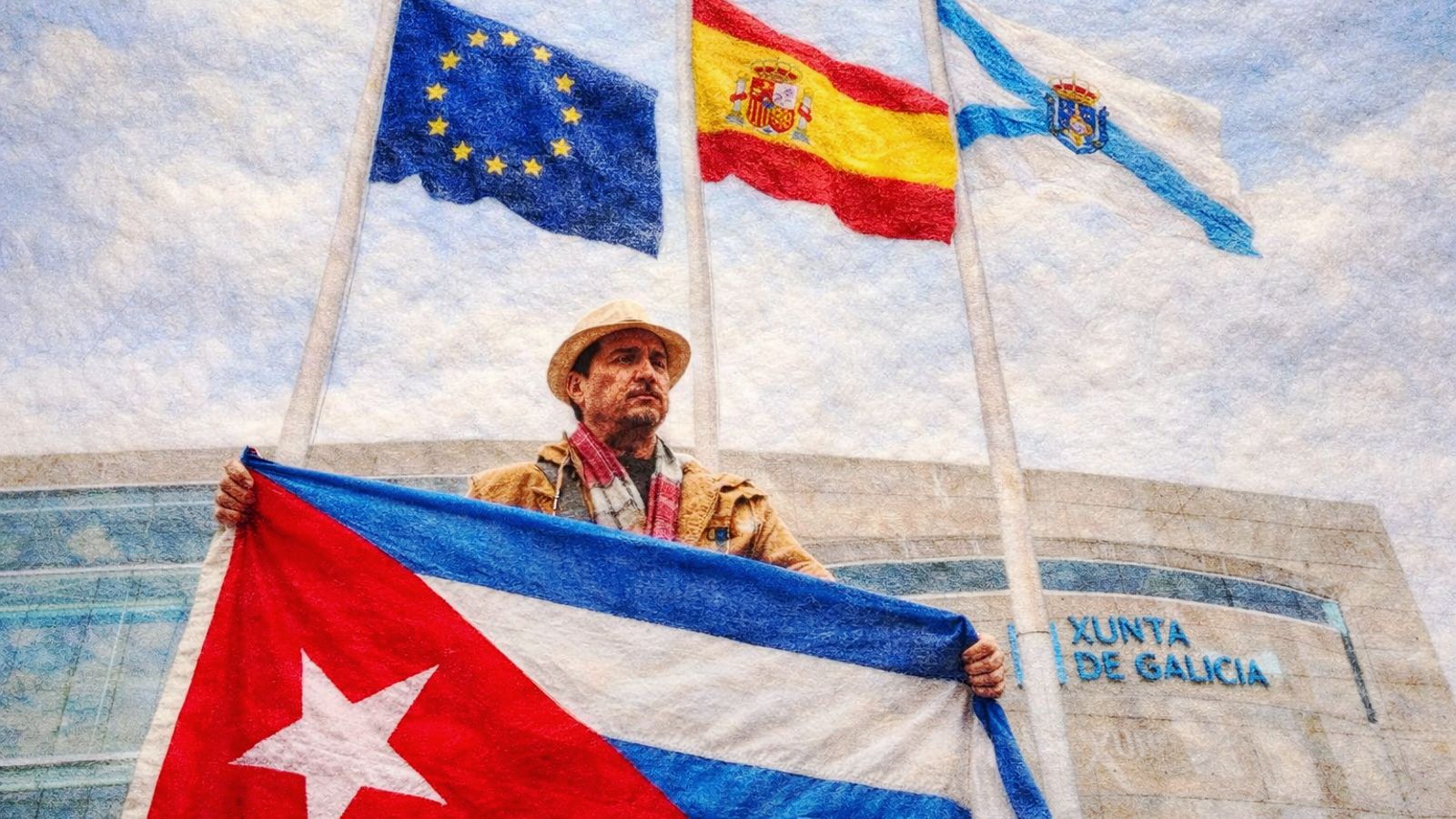 Recreción del artista con sus banderas