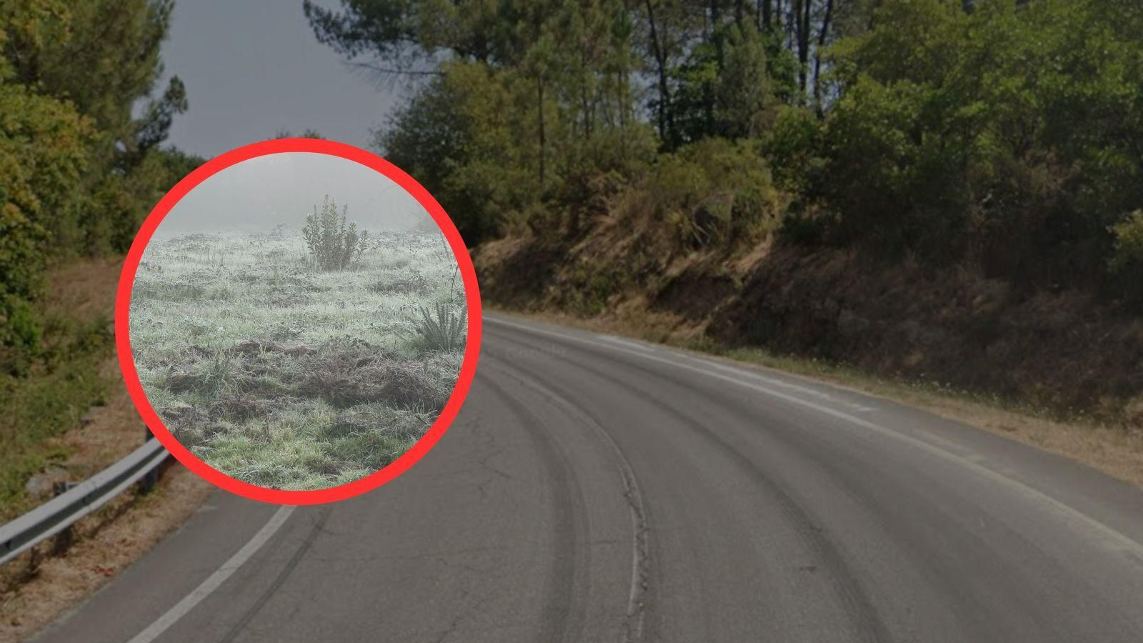 Lugar aproximado del accidente, junto a una imagen del pasto helado en San Cibrao das Viñas este lunes