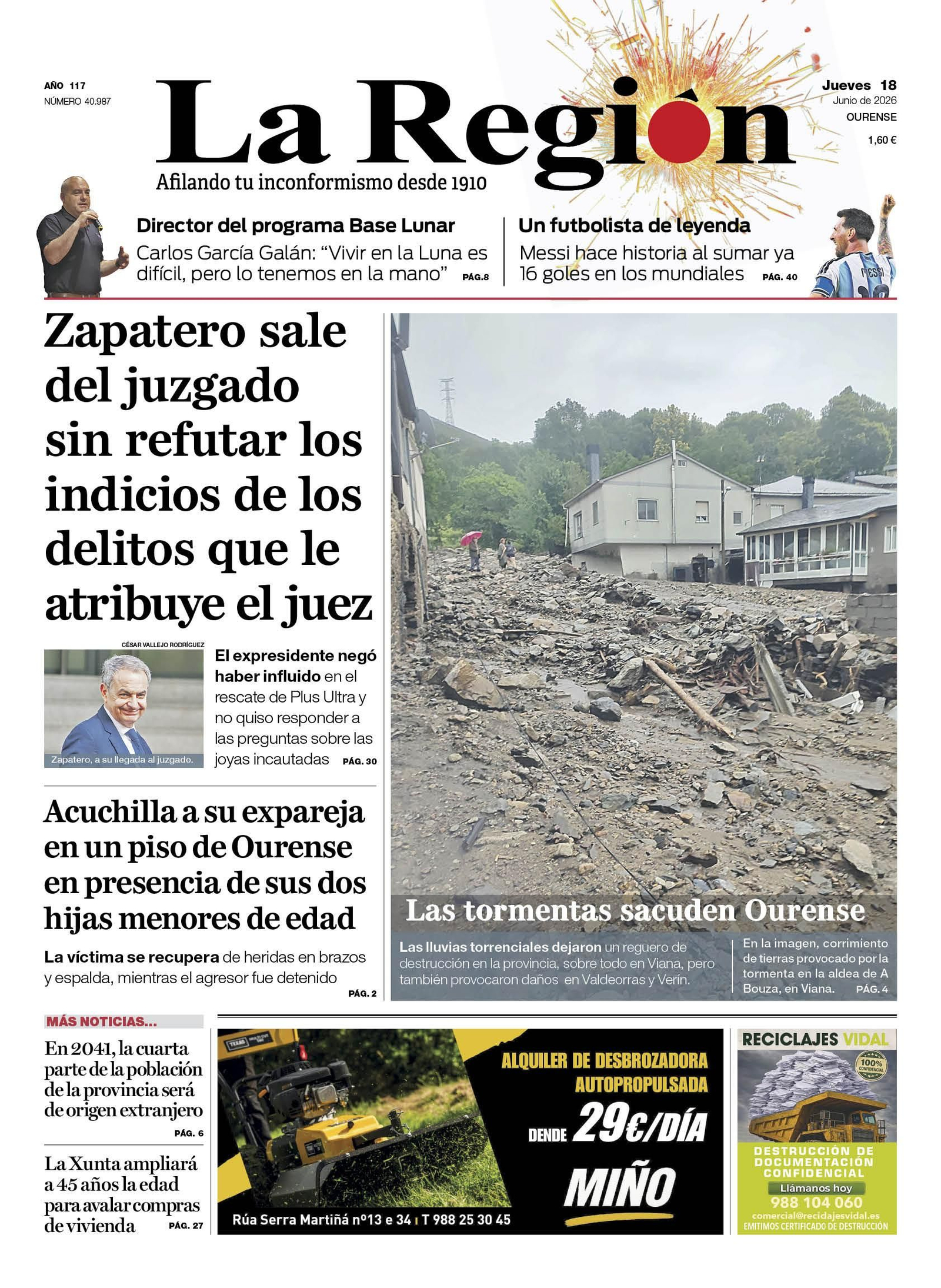 La portada de La Región de este jueves.