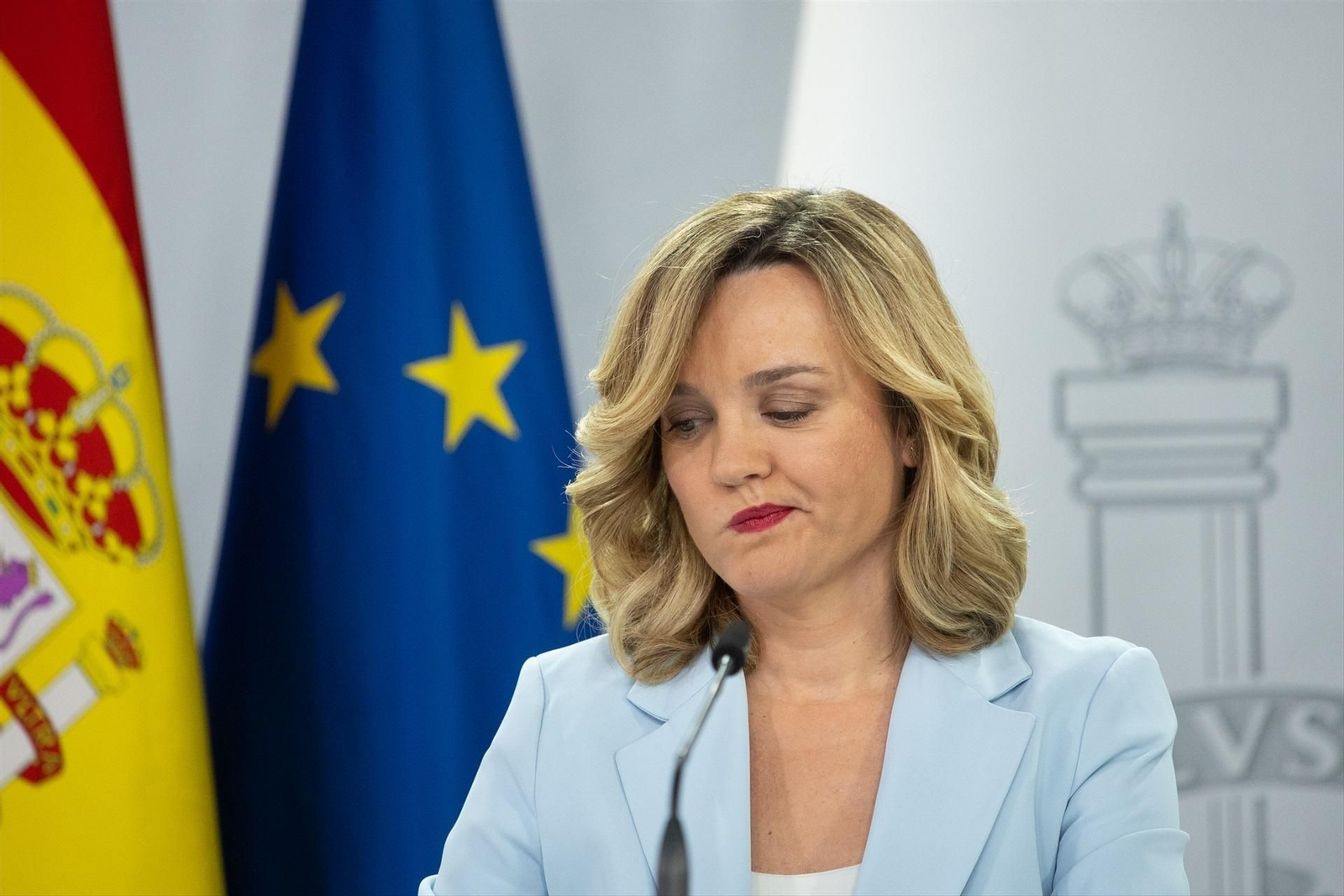 Pilar Alegría en la rueda de prensa posterior al consejo de ministros del pasado 8 de abril.