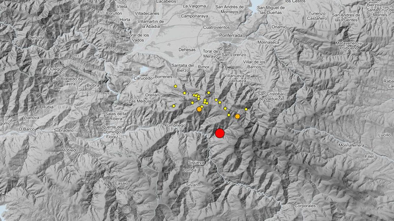 Mapa de los terremotos sucedidos durante la noche