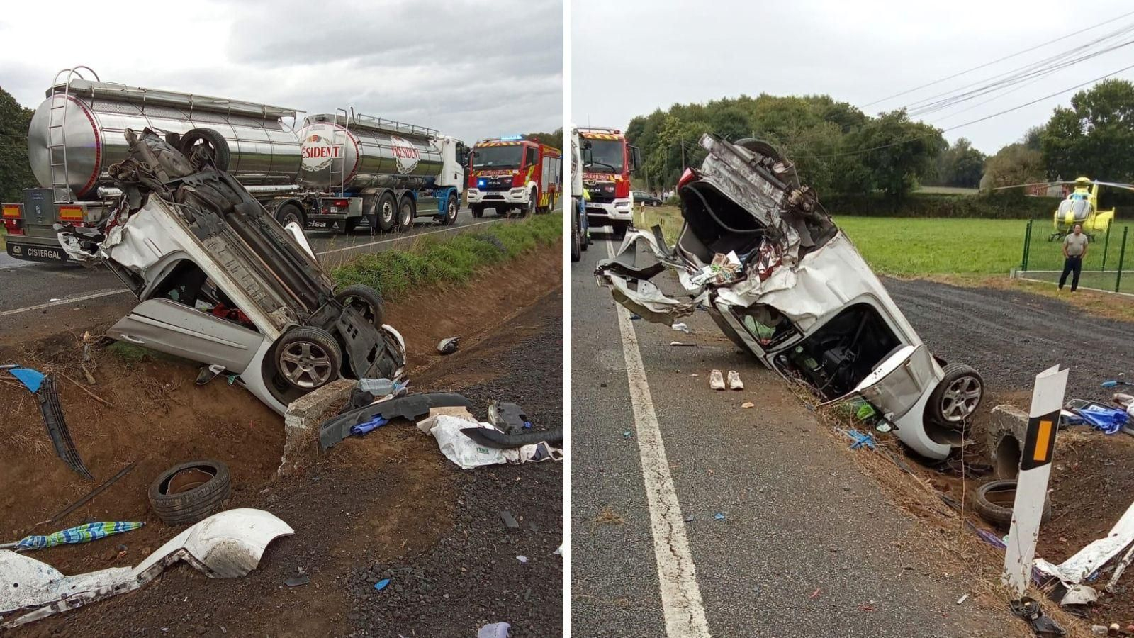 El coche implicado en la colisión gravemente dañado.