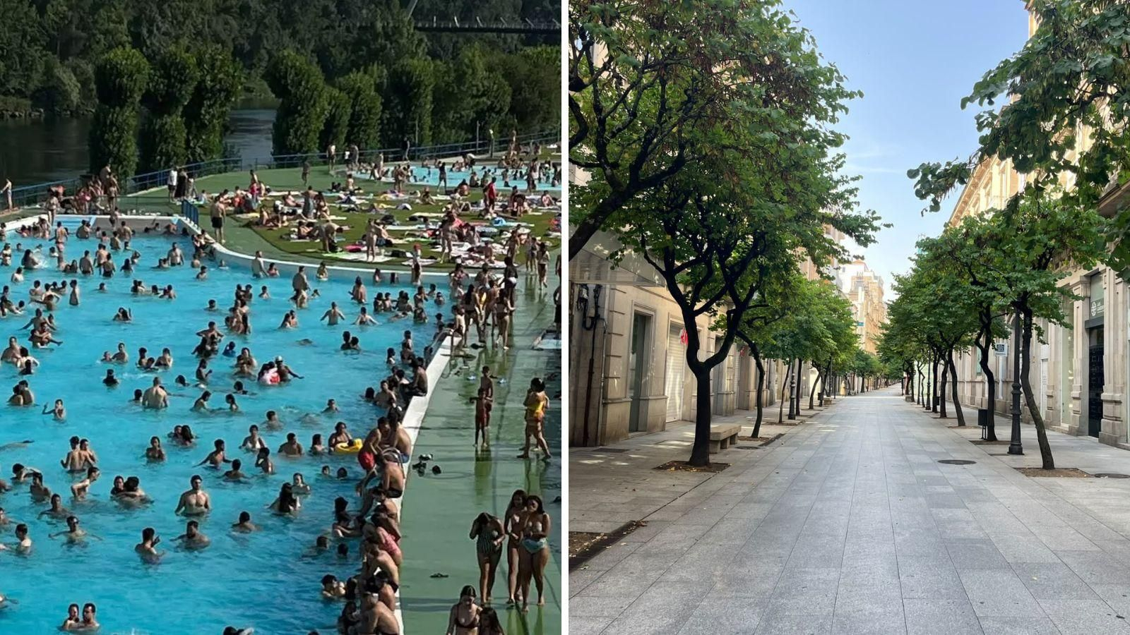 Refugio climático de las piscinas de Oira (dcha.) y la calle del Paseo vacía por el calor.