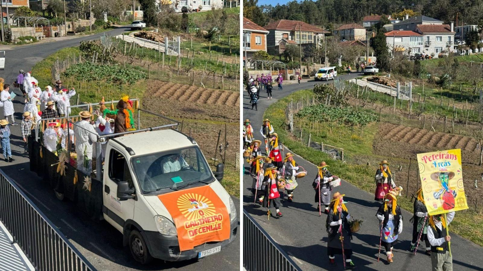 Una divertida comparsa de Cenlle, y os Peteiráns, ayer en el desfile de Castrelo de Miño