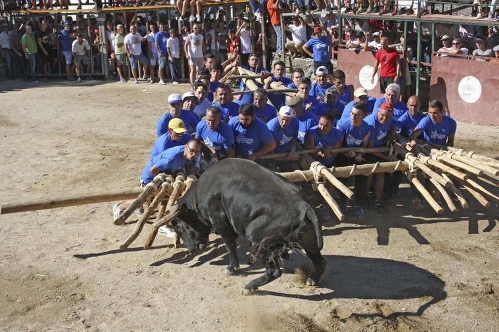 En la imagen, un momento de las capeas del forcón que se han desarrollado este fin de semana en el municipio de Lageosa da Raia. (CARLOS GARCÍA)