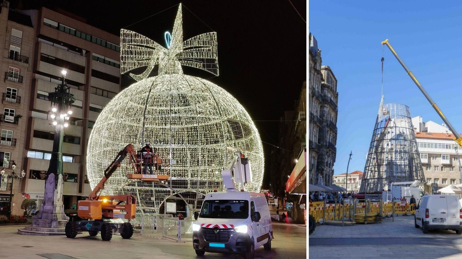 La bola de Urzáiz encendida y el árbol de Navidad continúa su montaje.
