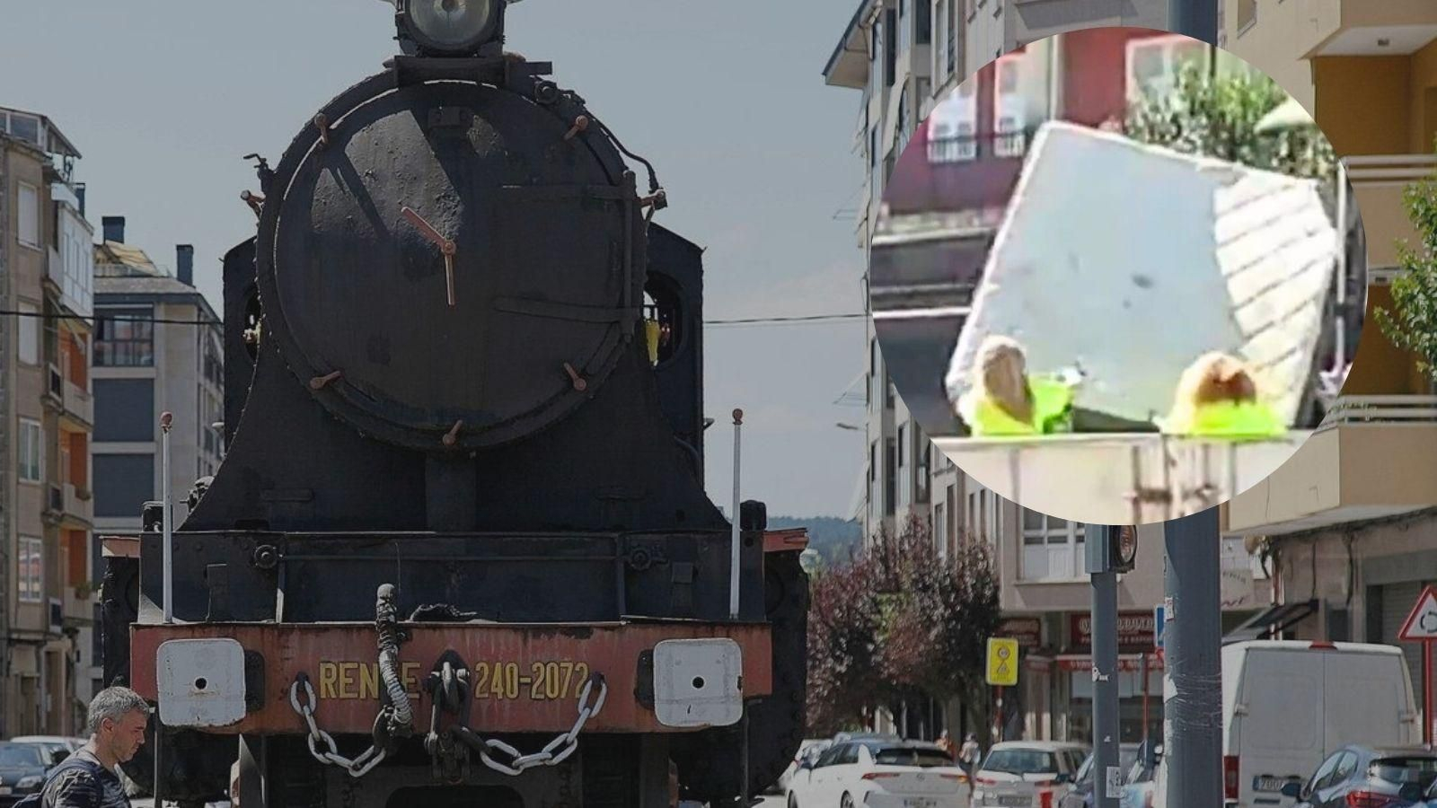 Operarios sacan un colchón de la locomotora.