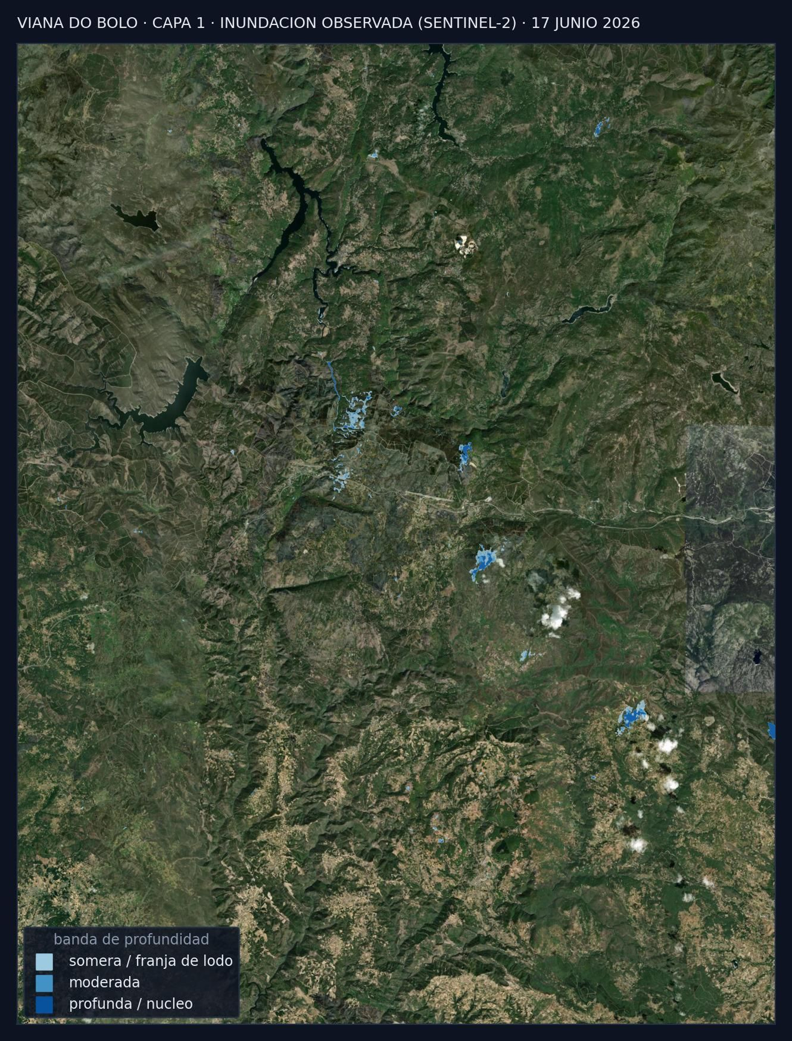 Las imágenes del satélite Sentinel-2 muestran la extensión de la inundación del 17 de junio, que afectó a 20,1 kilómetros cuadrados en el corredor entre Viana do Bolo y Valdeorras.
