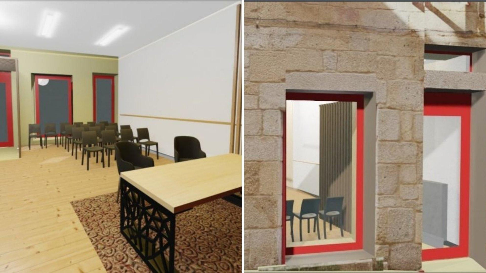 Infografías de cómo será la sala de bodas en el interior, con lugar para oficiante, contrayentes e invitados, y el exterior con la fachada original.