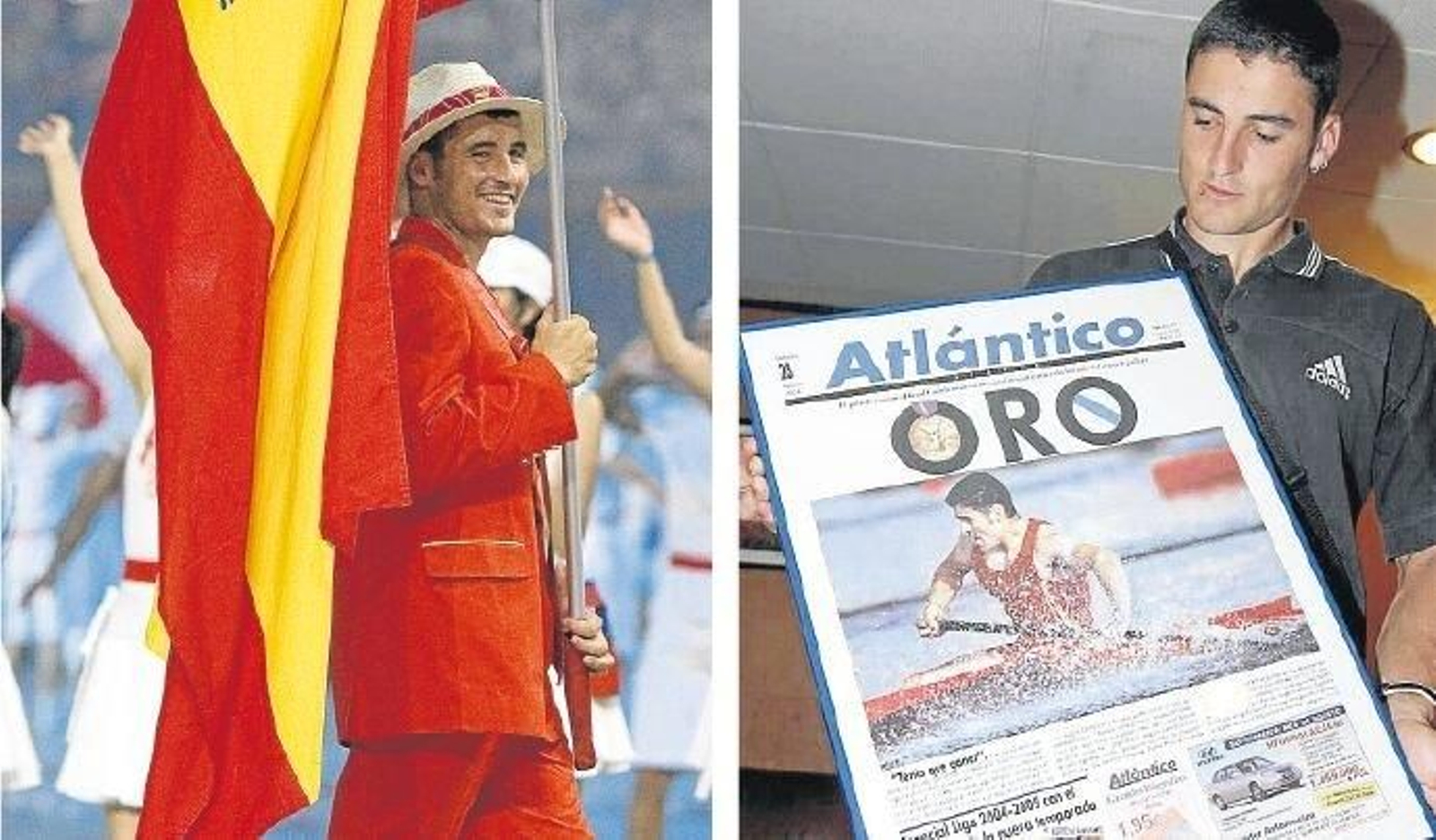 Cal, como abanderado español en Pekín 2008 y con la portada que este diario dedicó a su oro en Atenas.