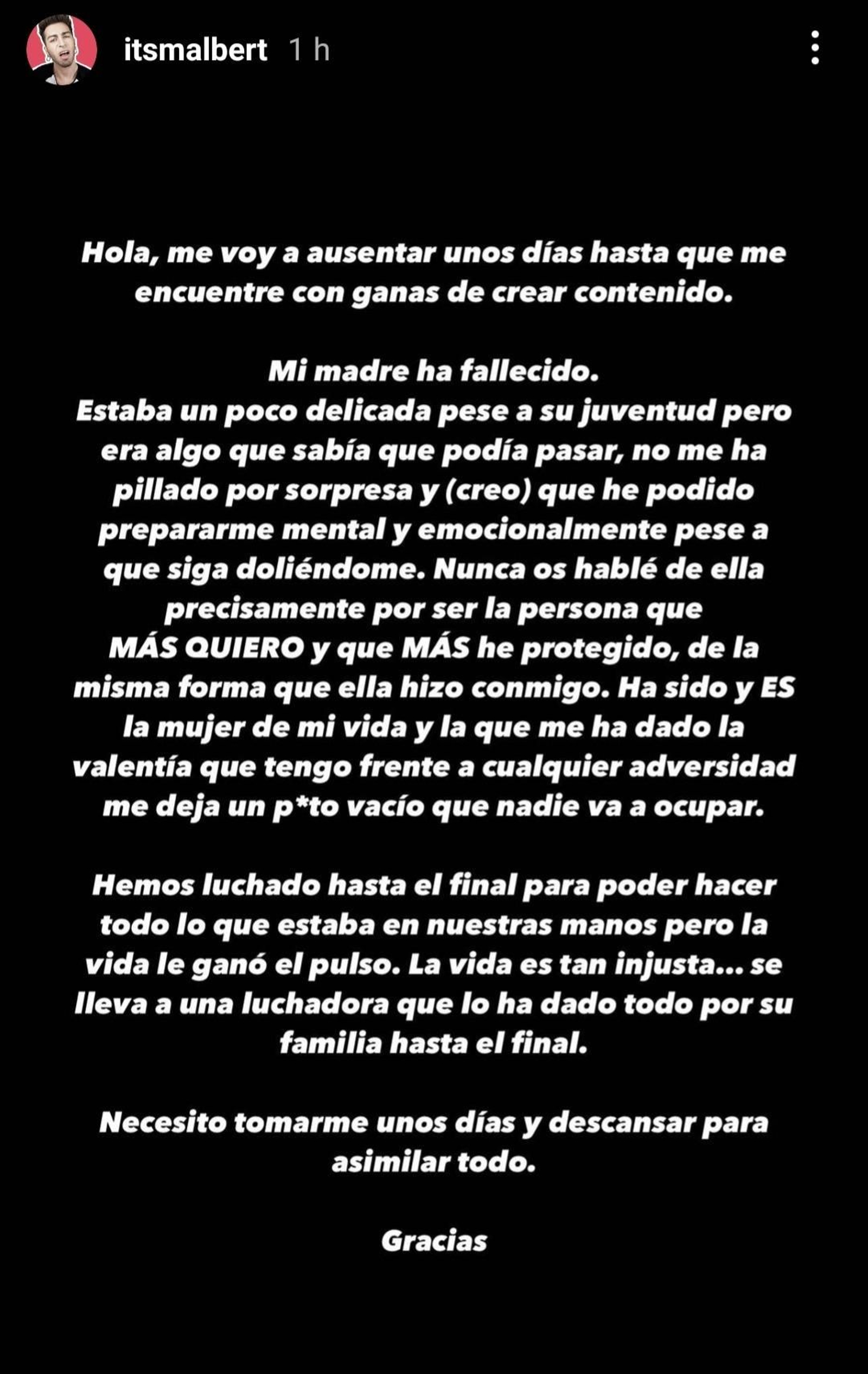 Mensaje publicado en el stories de la cuenta oficial de Malbert.