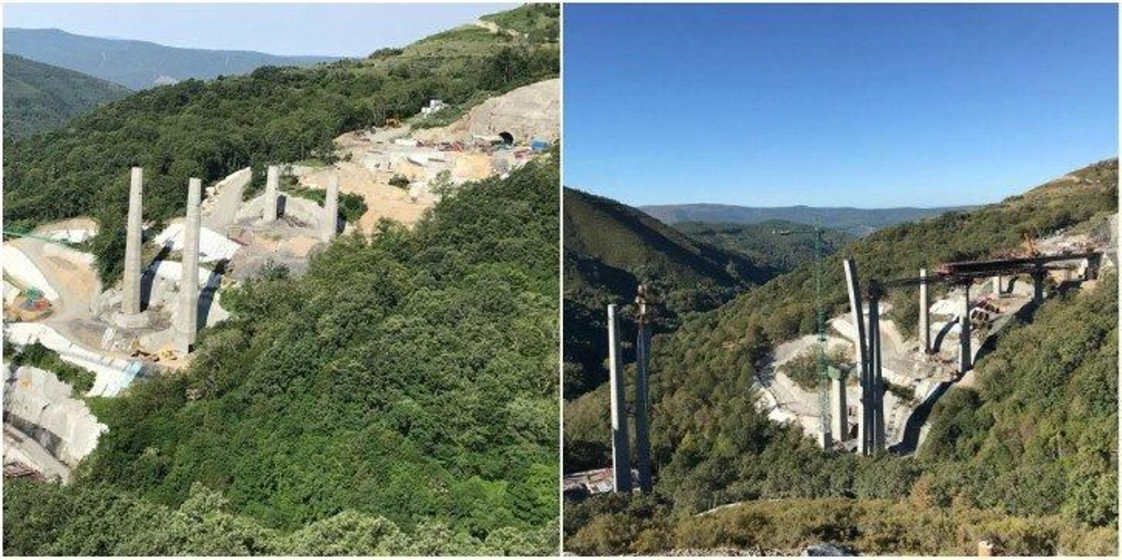 El viaducto de As Teixeiras el pasado 24 de junio (izquierda) y el pasado 7 de octubre (derecha)