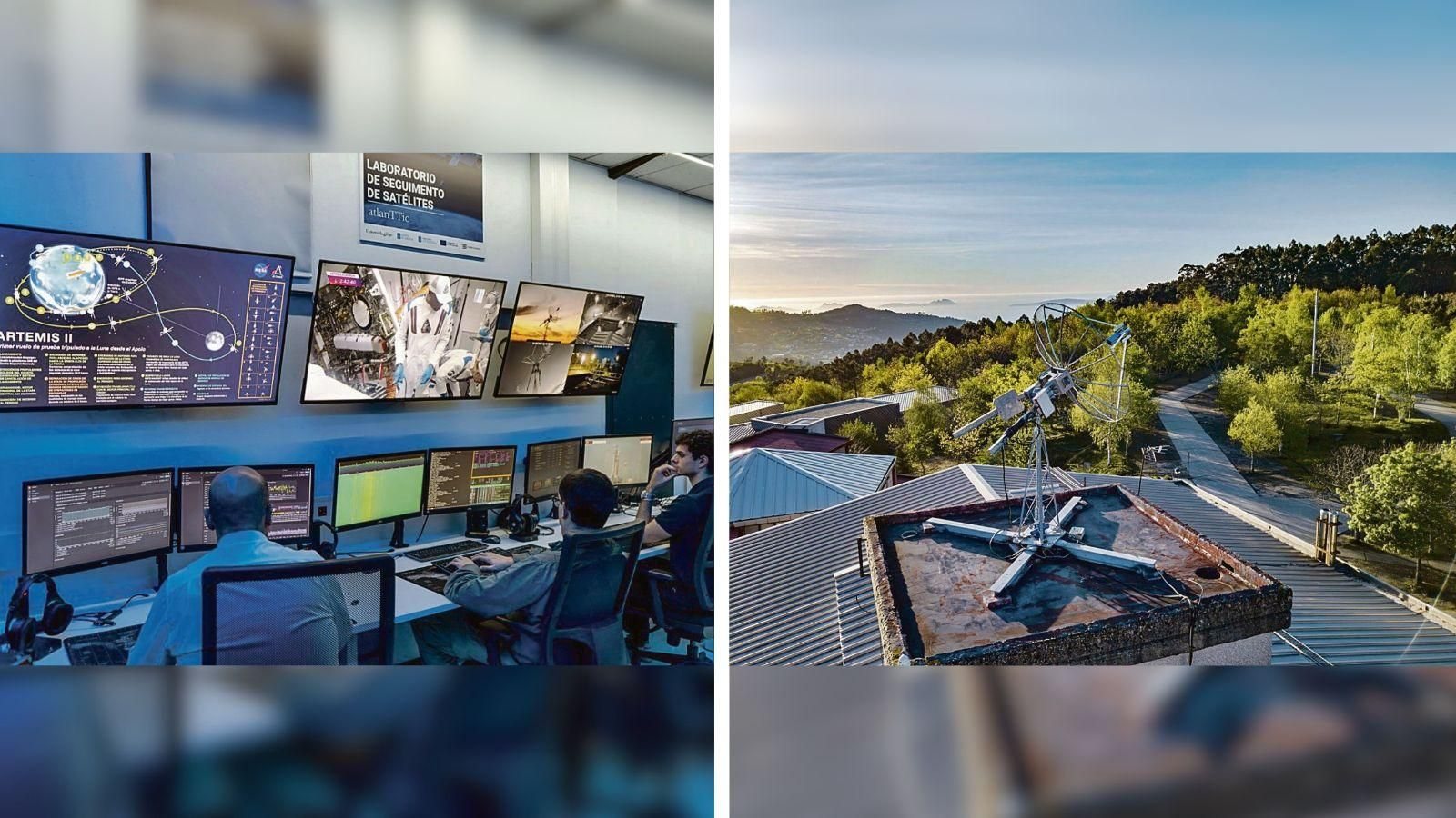 Izquierda, miembros del grupo ATRG durante el día del lanzamiento de la misión Artemis II. Derecha, la antena que utilizan para hacer seguimiento de la señal de radio de la nave.