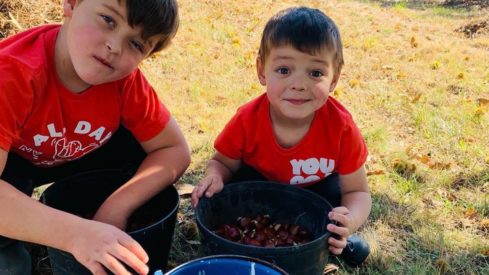 Dos niños recogen castañas en O Pereiro (A Mezquita).