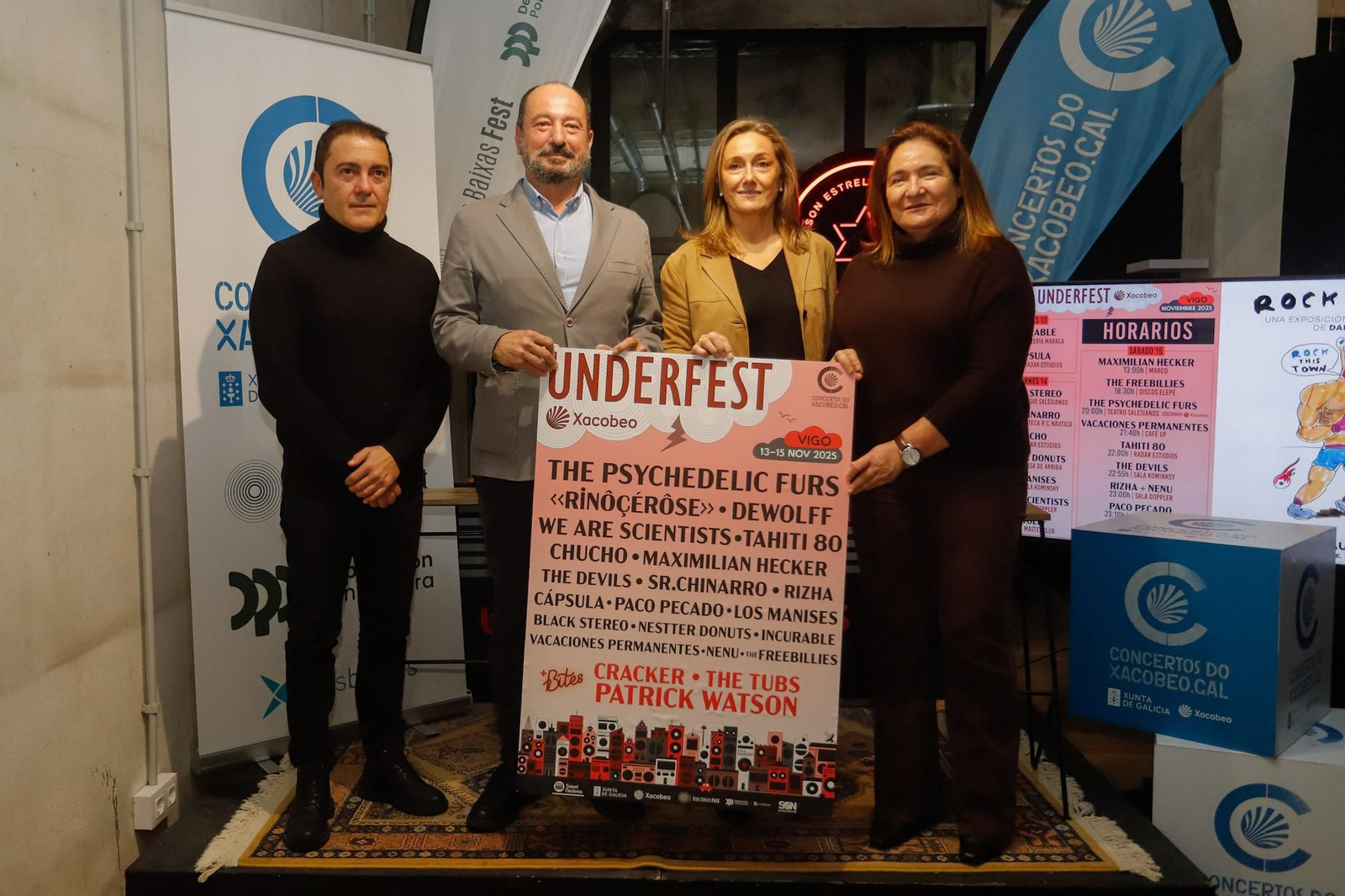 Representantes de la organización, de la Xunta (Merelles y Ortiz) y la Diputación (Luisa Sánchez), ayer en la presentación.