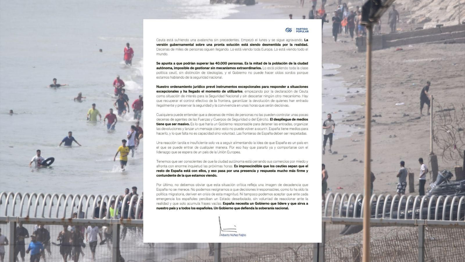 Feijóo reclama al Gobierno medidas urgentes ante la crisis migratoria en Ceuta.