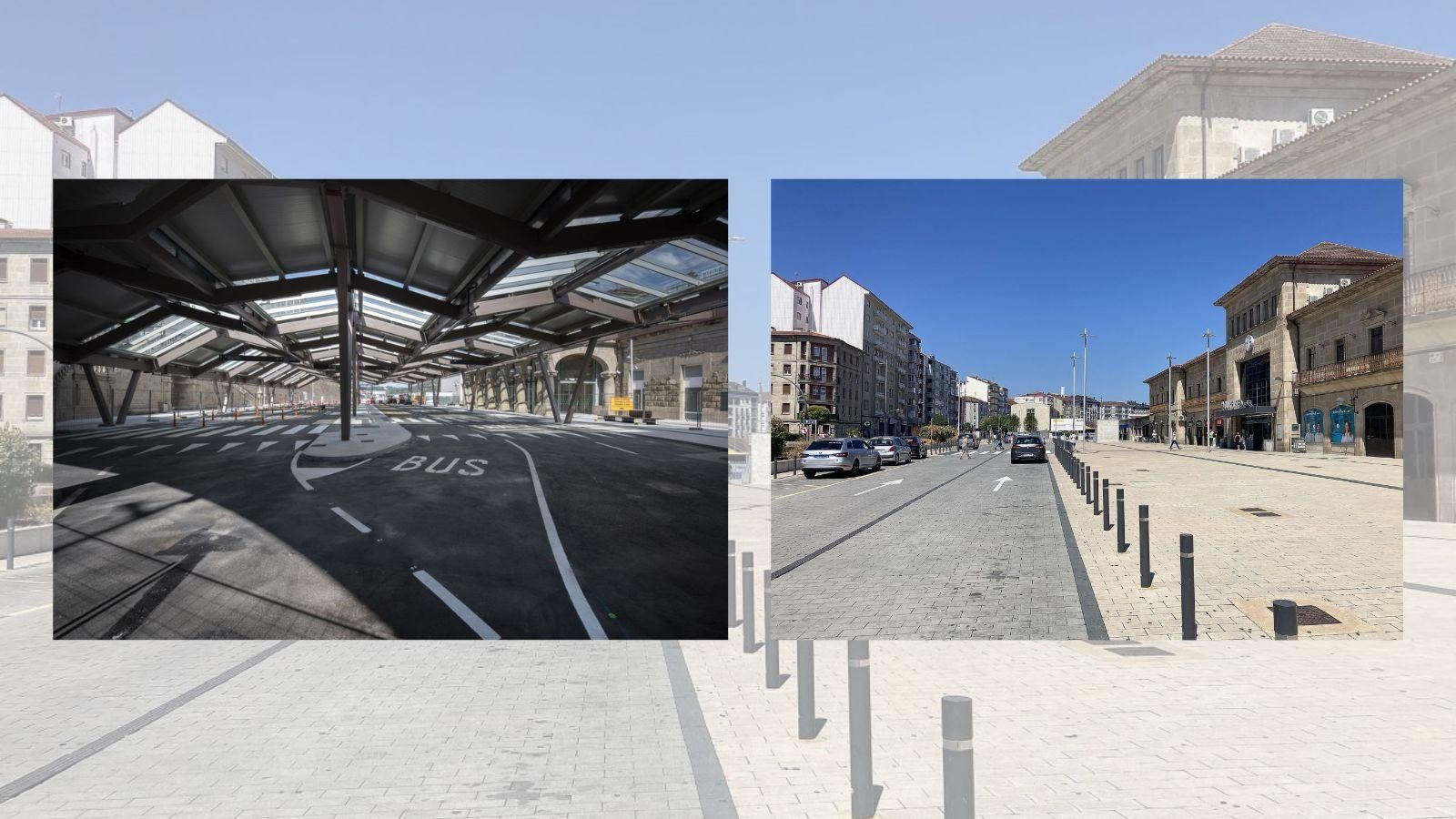 Una amplia y luminosa cubierta protege la plaza de la estación en Santiago frente a Ourense, tras cuatro años a la intemperie, Adif opta otra vez por una solución provisional.