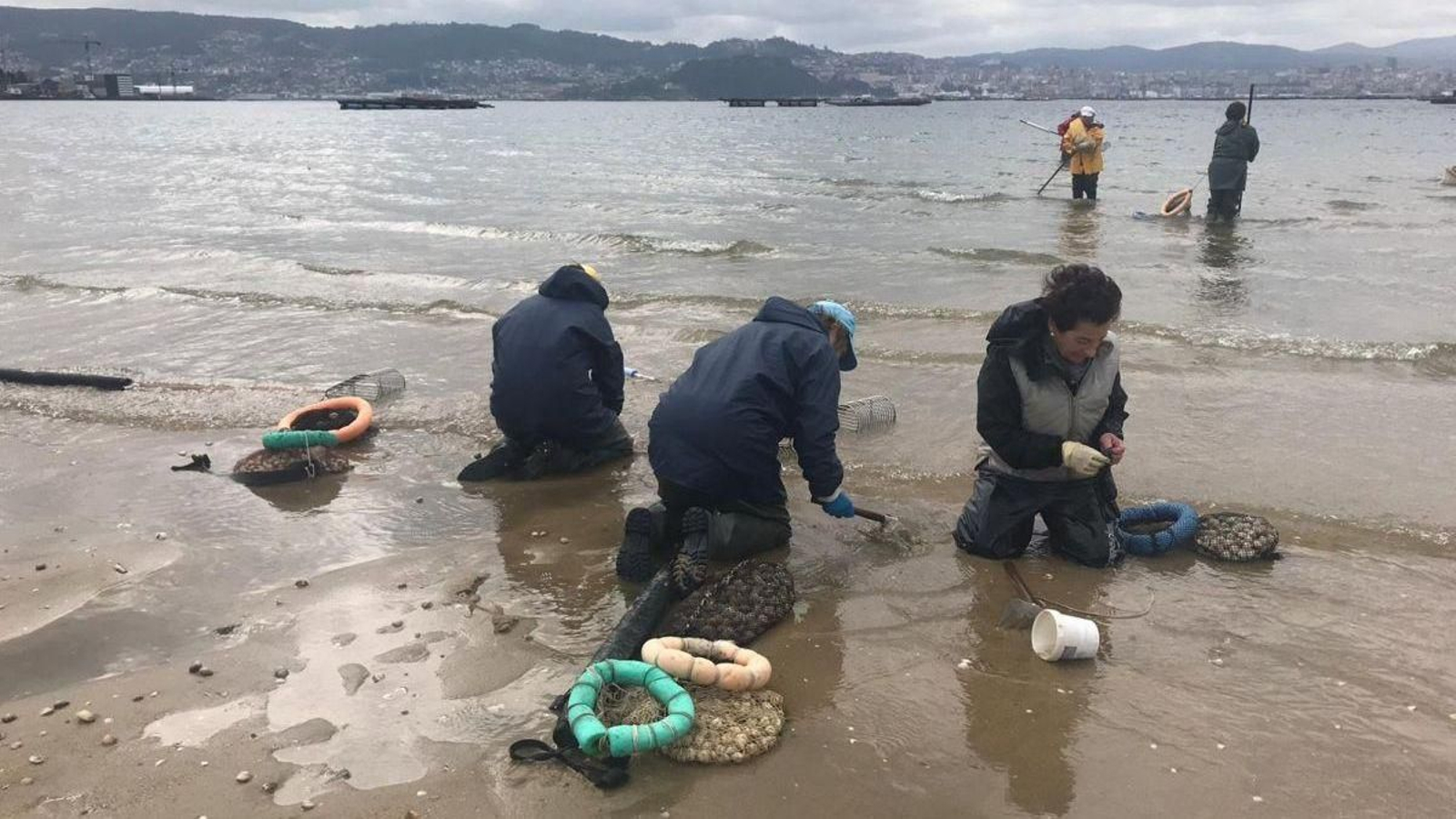 Las mariscadoras de Moaña durante una jornada de trabajo en la playa de A Xunqueira.