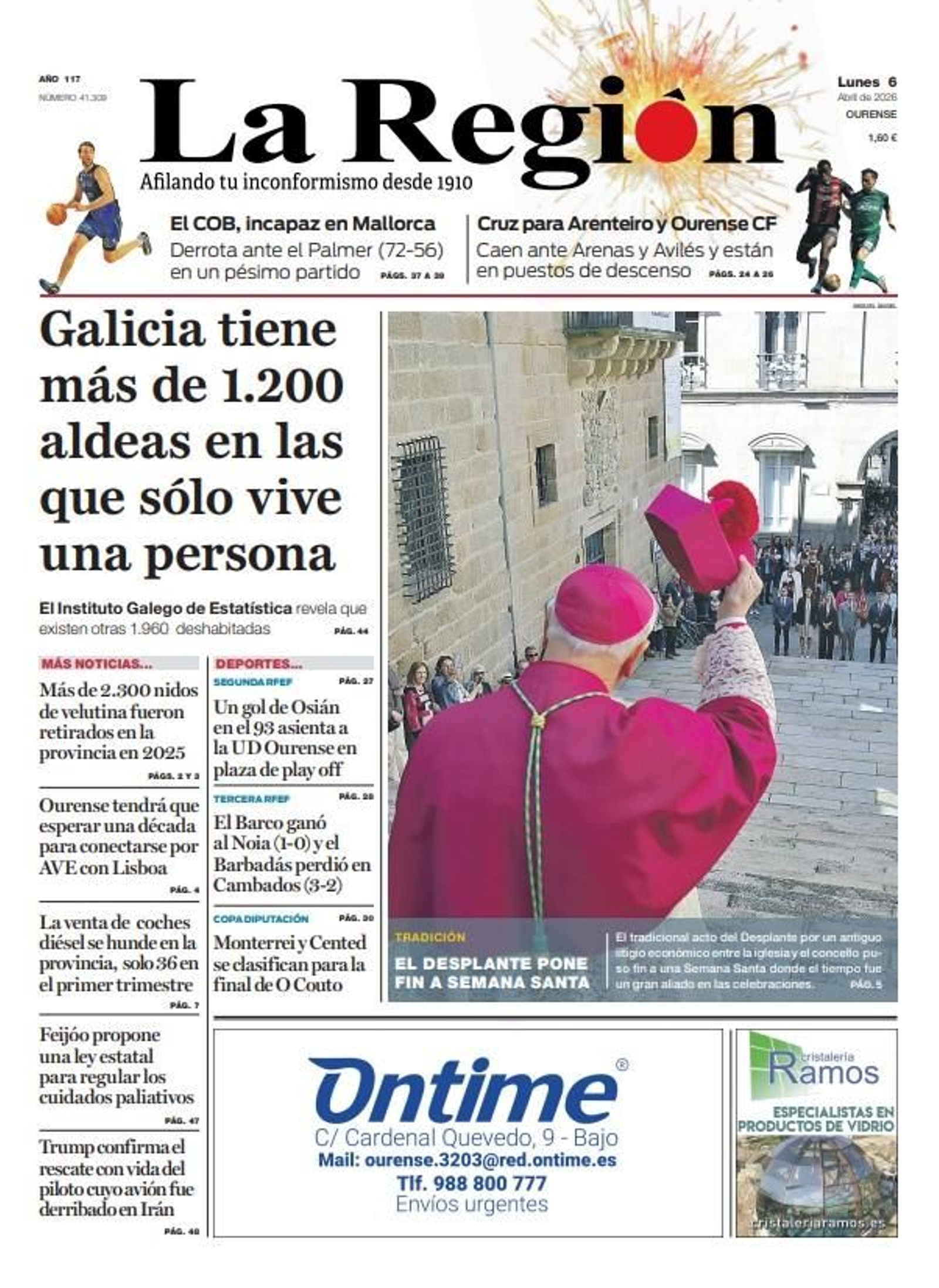 La portada de La Región de este lunes de Pascua, 6 de abril.