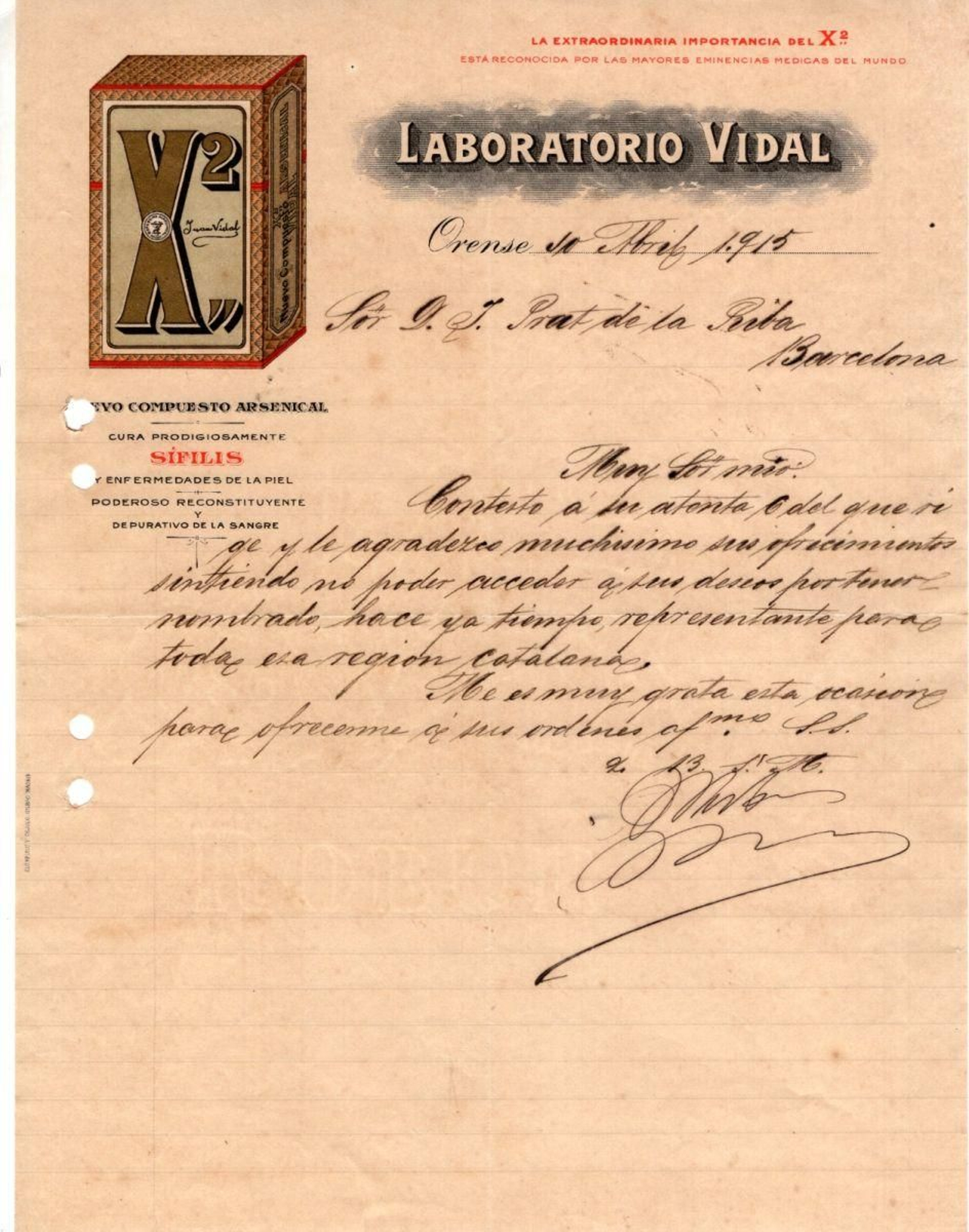 El señor Vidal abre su Farmacia en 1920 en el edificio del Liceo. Farmacéutico y químico, inventó el preparado X-2 que curaba la sífilis. La farmacia la venderá a Barja.