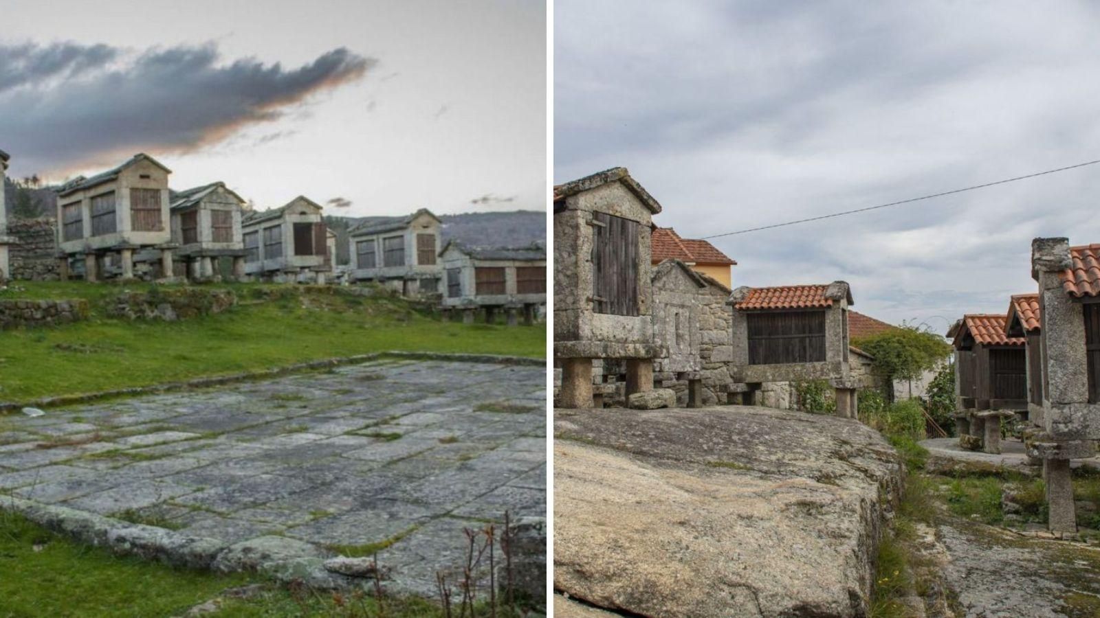 Eira de hórreos en Avión y “Canastros” sobre piedra en Carballeda de Avia respectivamente.