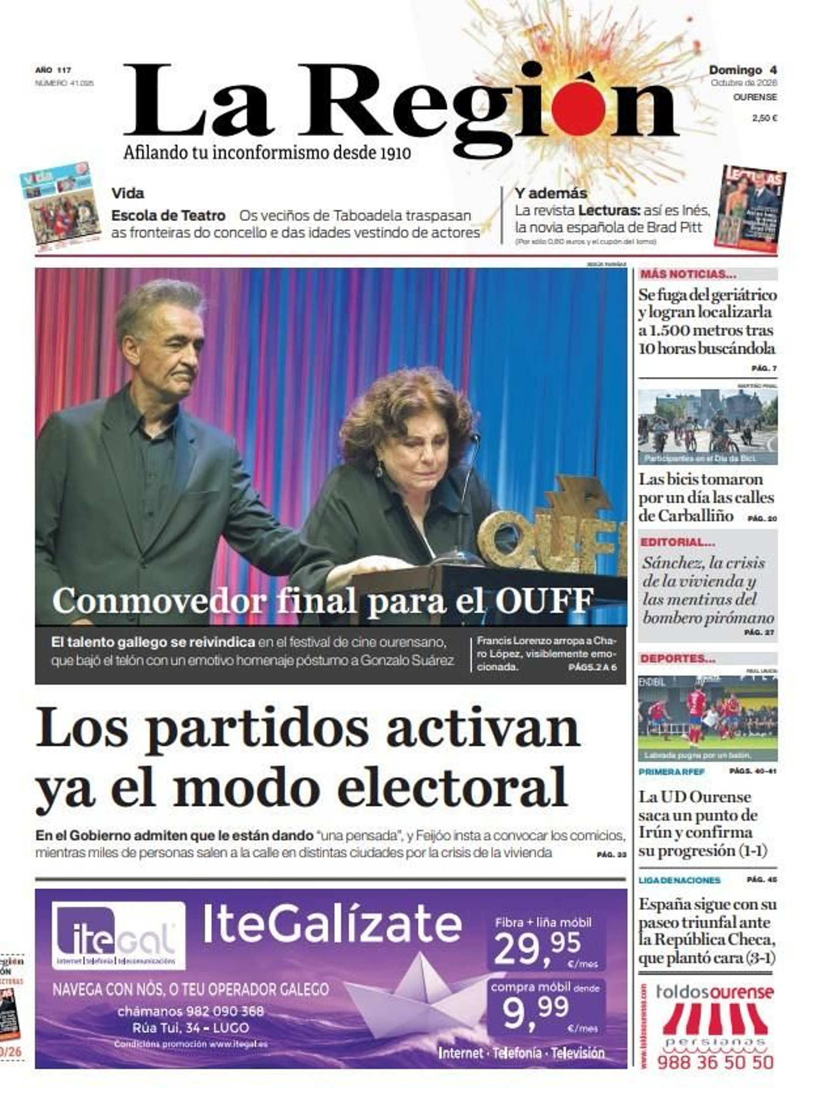 La portada de La Región de este domingo, 4 de octubre.