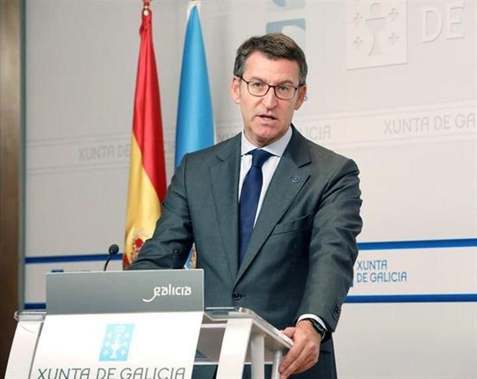 El presidente de la Xunta, Alberto Núñez Feijóo, en la rueda de prensa posterior al Consello de este jueves.