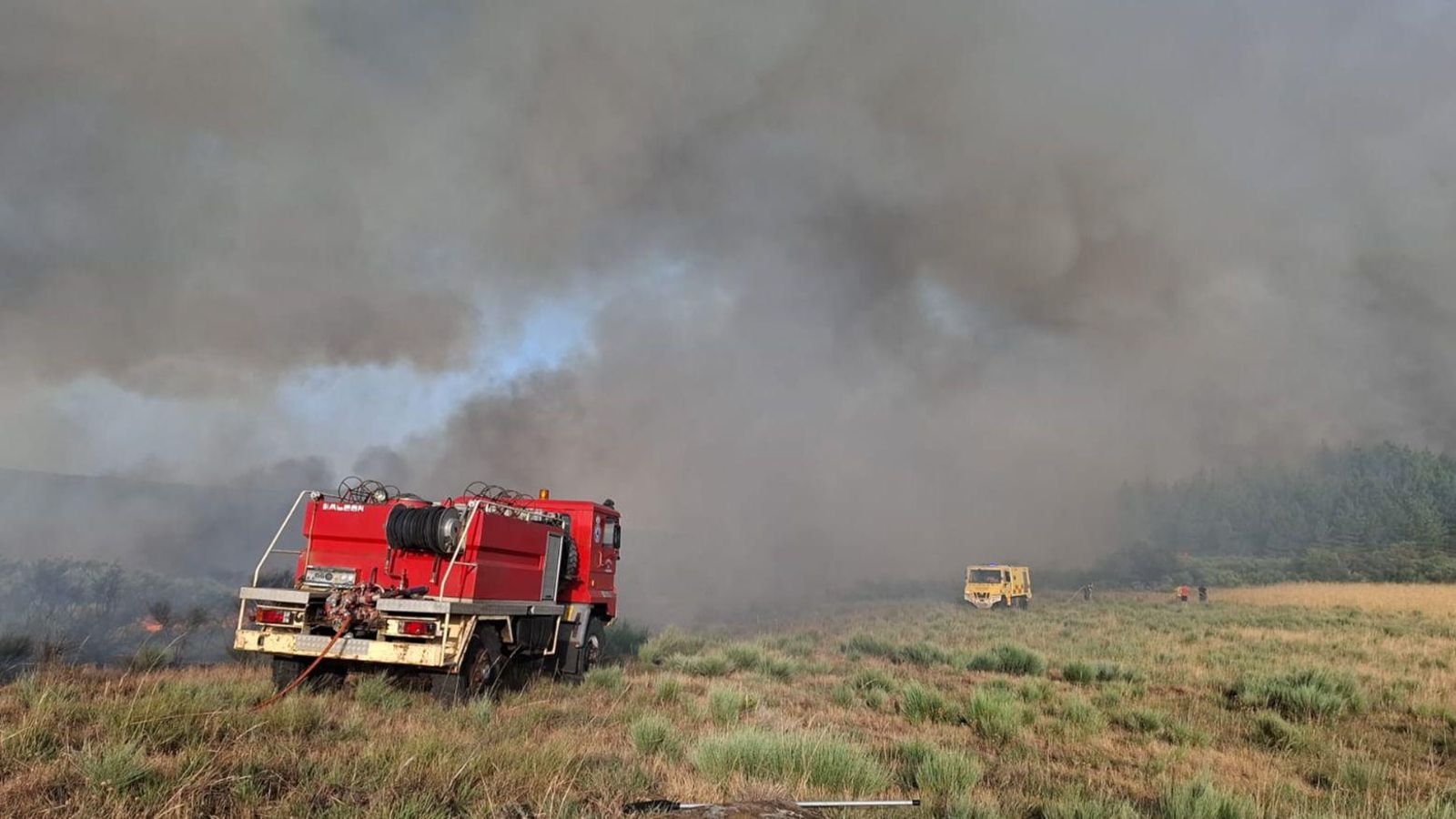 Los equipos de emergencia trabajan en la provincia de Ourense tras la entrada del incendio procedente de Portugal, que continúa activo y en evolución en la zona fronteriza.