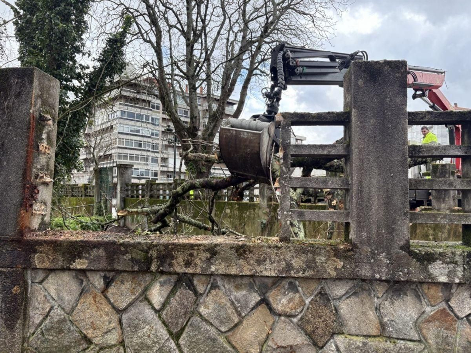 Un árbol de grandes dimensiones cayó sobre un solar abandonado, rompiendo un muro. Las ramas alcanzaron la Gran Vía, sin heridos