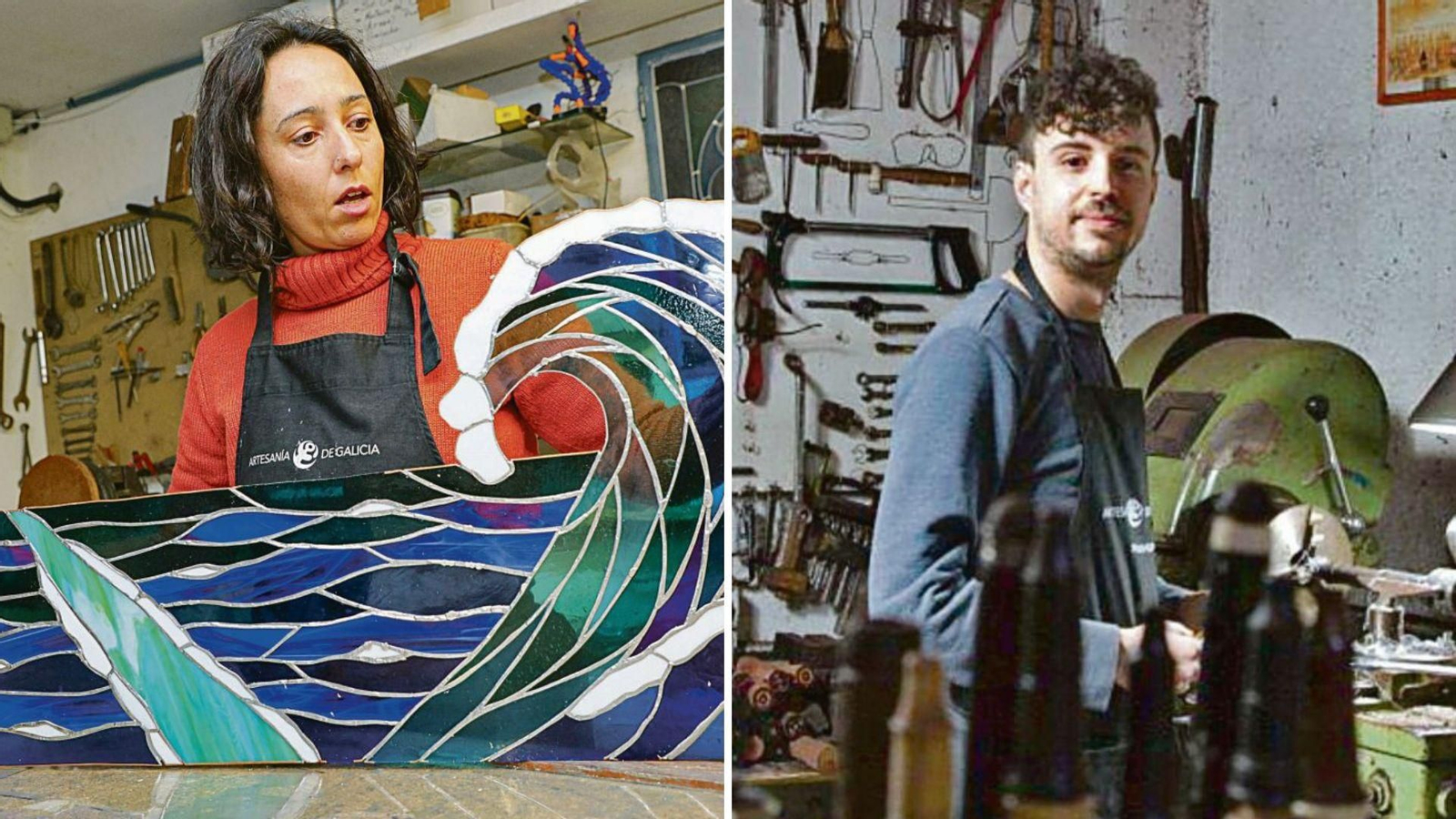 A la izquierda, Cristina Molares trabaja en la restauración de una pieza en su taller en Bembrive; a la derecha, Ramón Collar posa en su obradoiro tradicional en Tui.