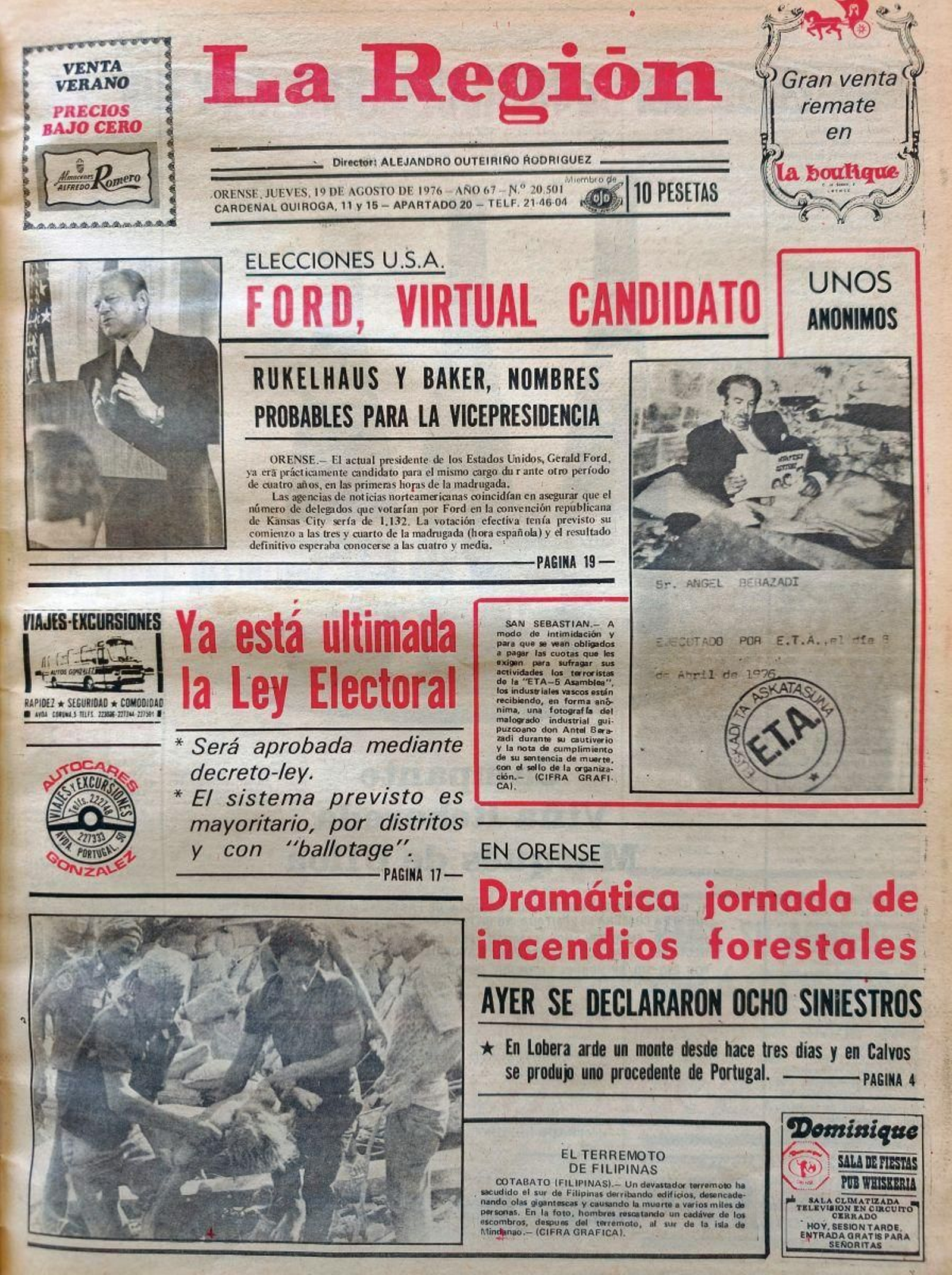 Primera página del 19 de agosto de 1976.
