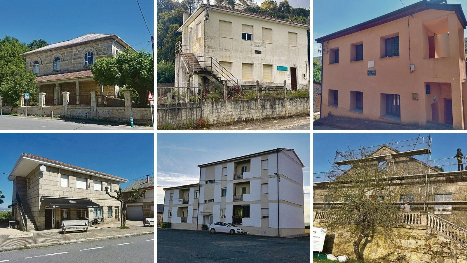 De izquierda a derecha, de arriba a abajo, antiguo colegio de Maside, el edificio de la vieja escuela de Castrelo de Miño, ña antigua escuela de Soulecín (O Barco de Valdeorras), centro social de As Casas dos Montes (Oímbra), “antiguas viviendas do mestres” de A Mezquita, y la antigua escuela de Freás de Eiras, en obras.