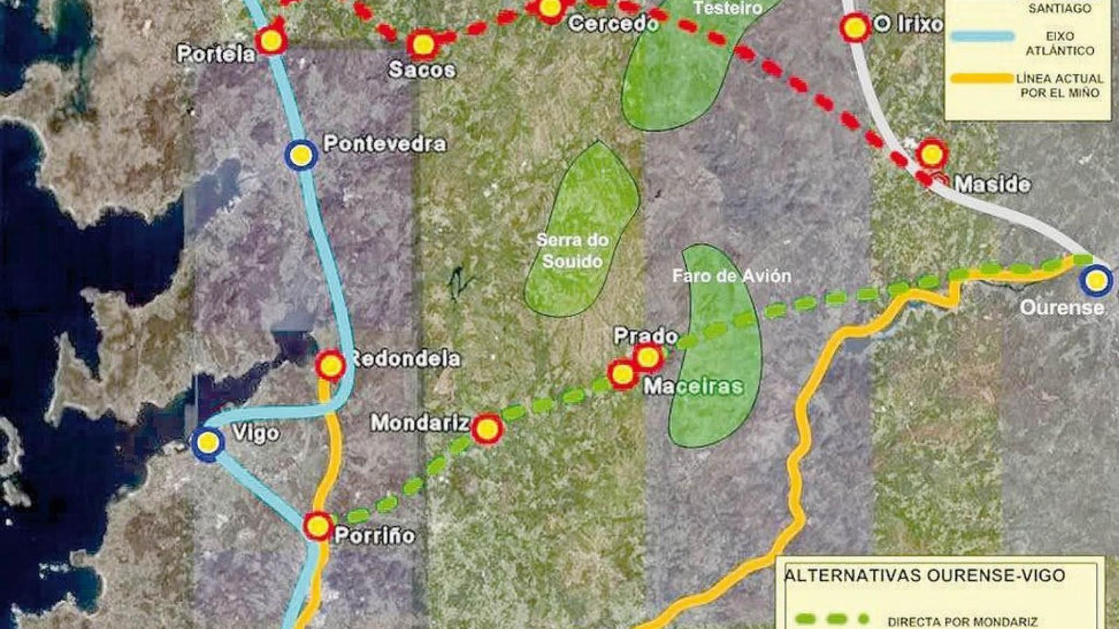 Los trazados: por el Miño, por el eje atlántico y Santiago, por Cerdedo y el nuevo por el Tea.