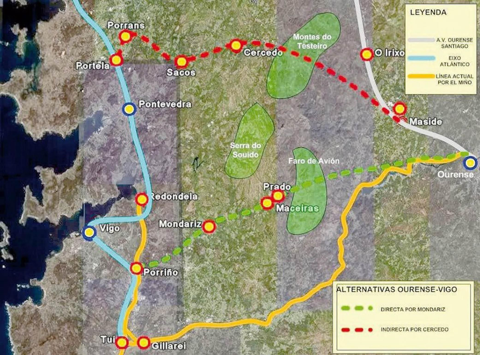 Los trazados: por el Miño, por el eje atlántico y Santiago, por Cerdedo y el nuevo por el Tea.