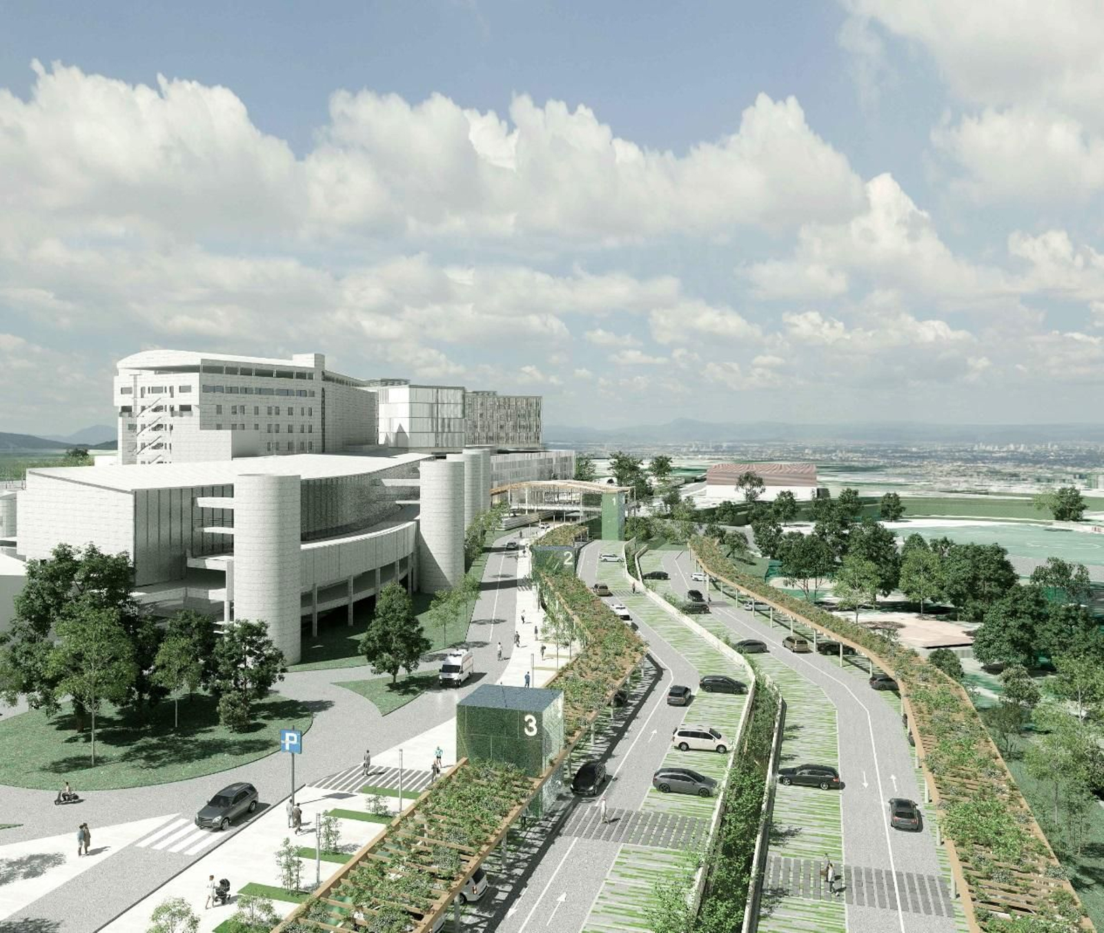 Proyecto del Novo Montecelo unido al actual edificio con los accesos y el parking previsto.