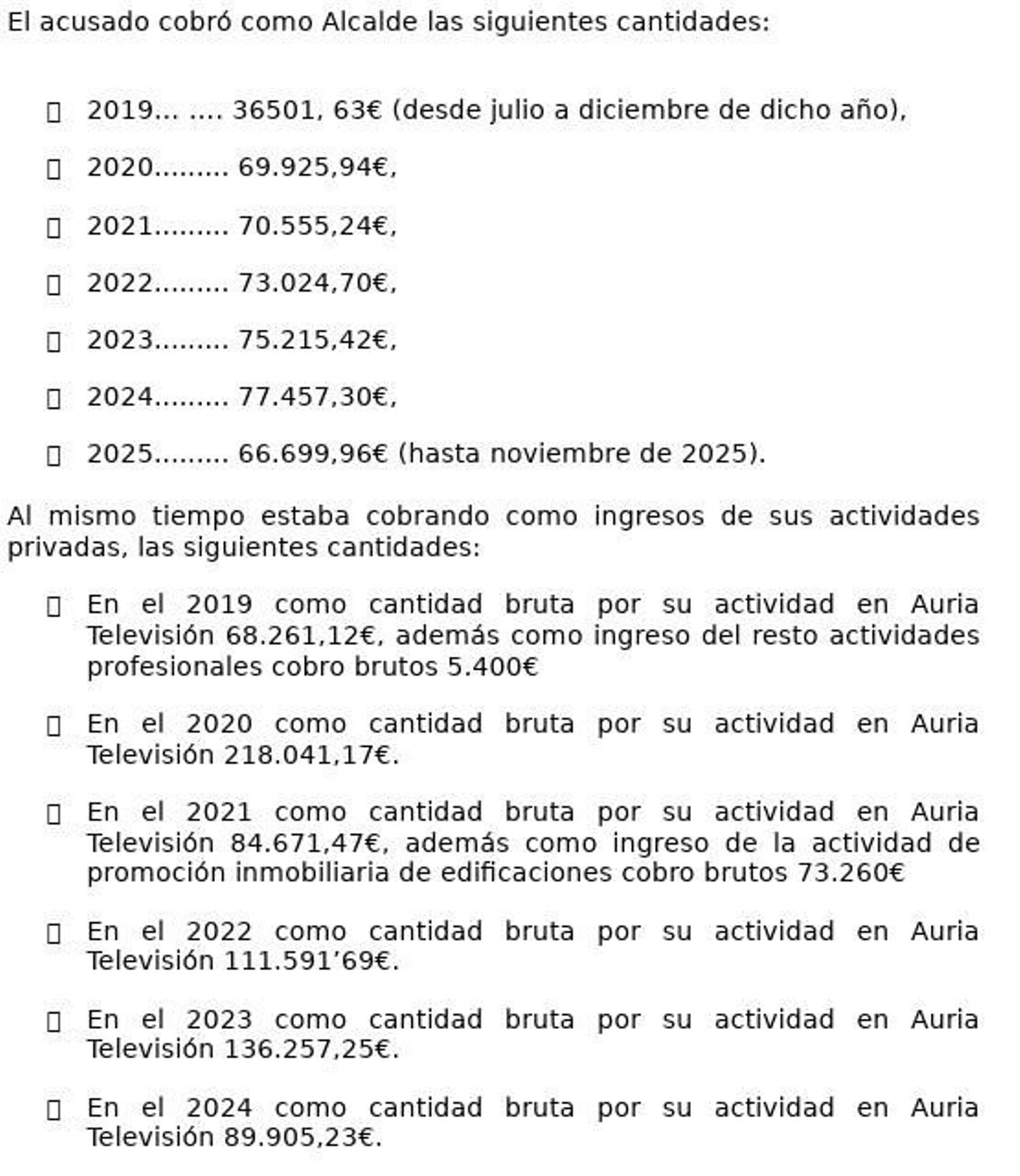 Los cobros de Jácome recogidos en el escrito de la Fiscalía.