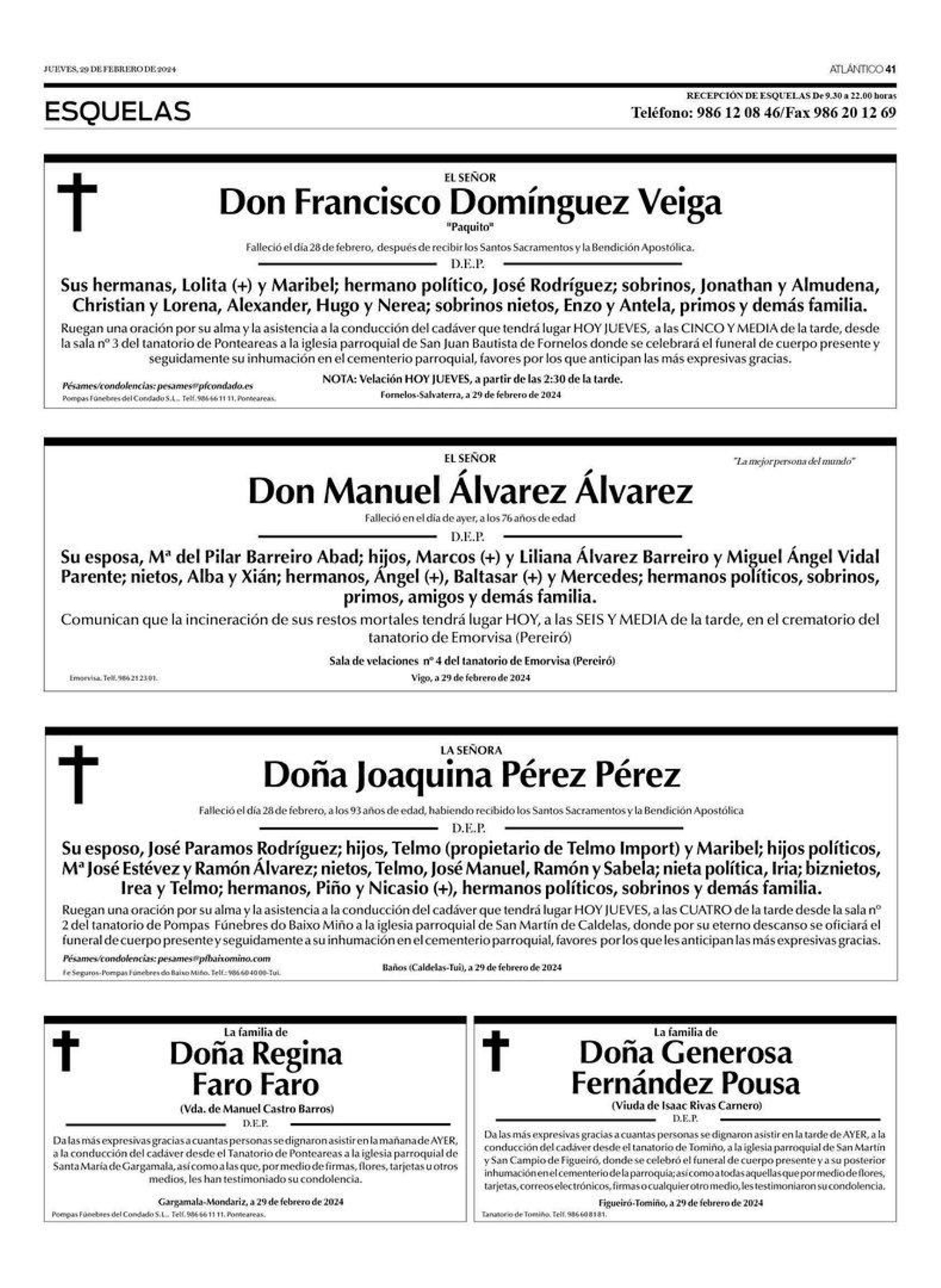 Las esquelas de este jueves 29 de febrero.