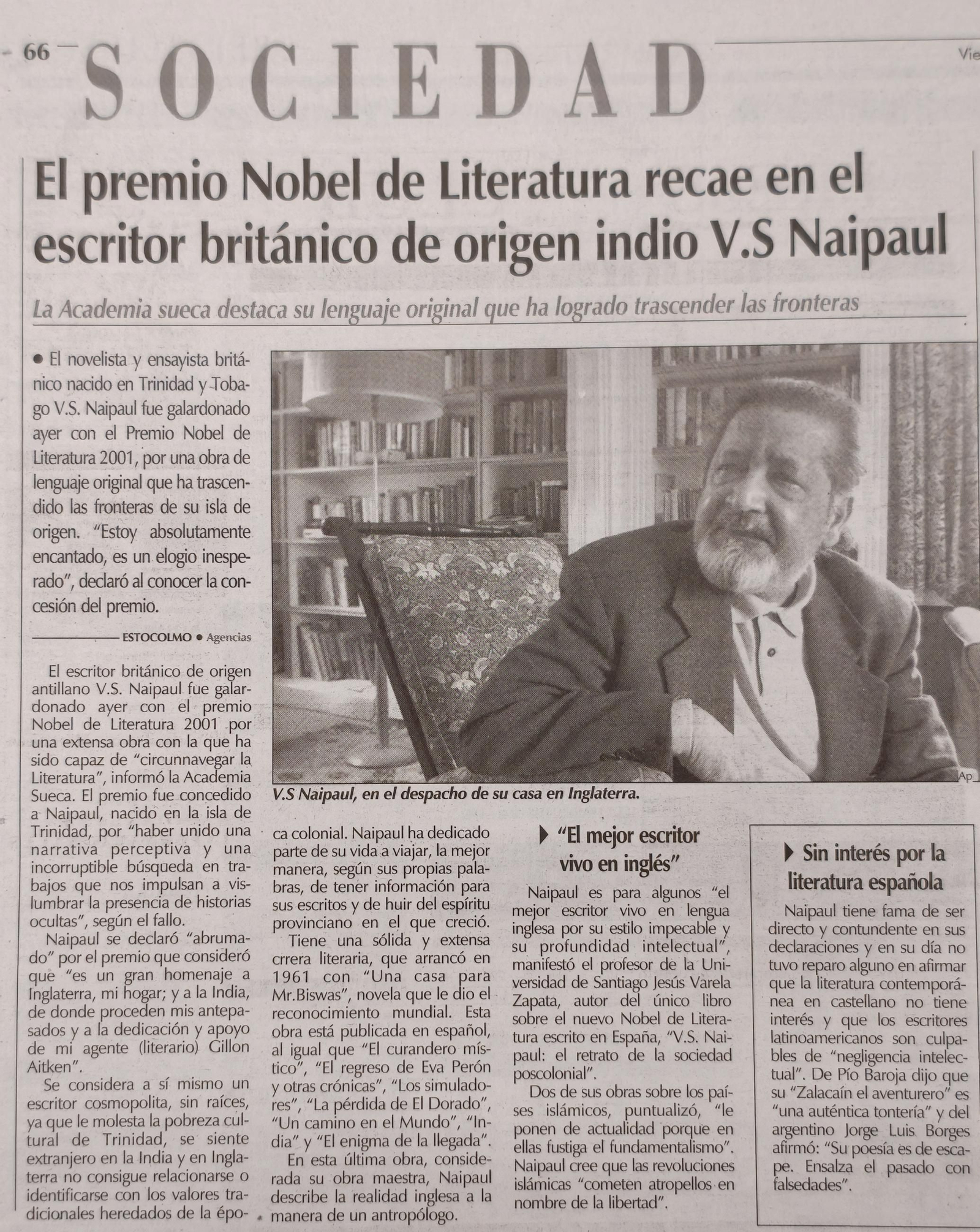 V. S. Naipaul, Nobel de Literatura