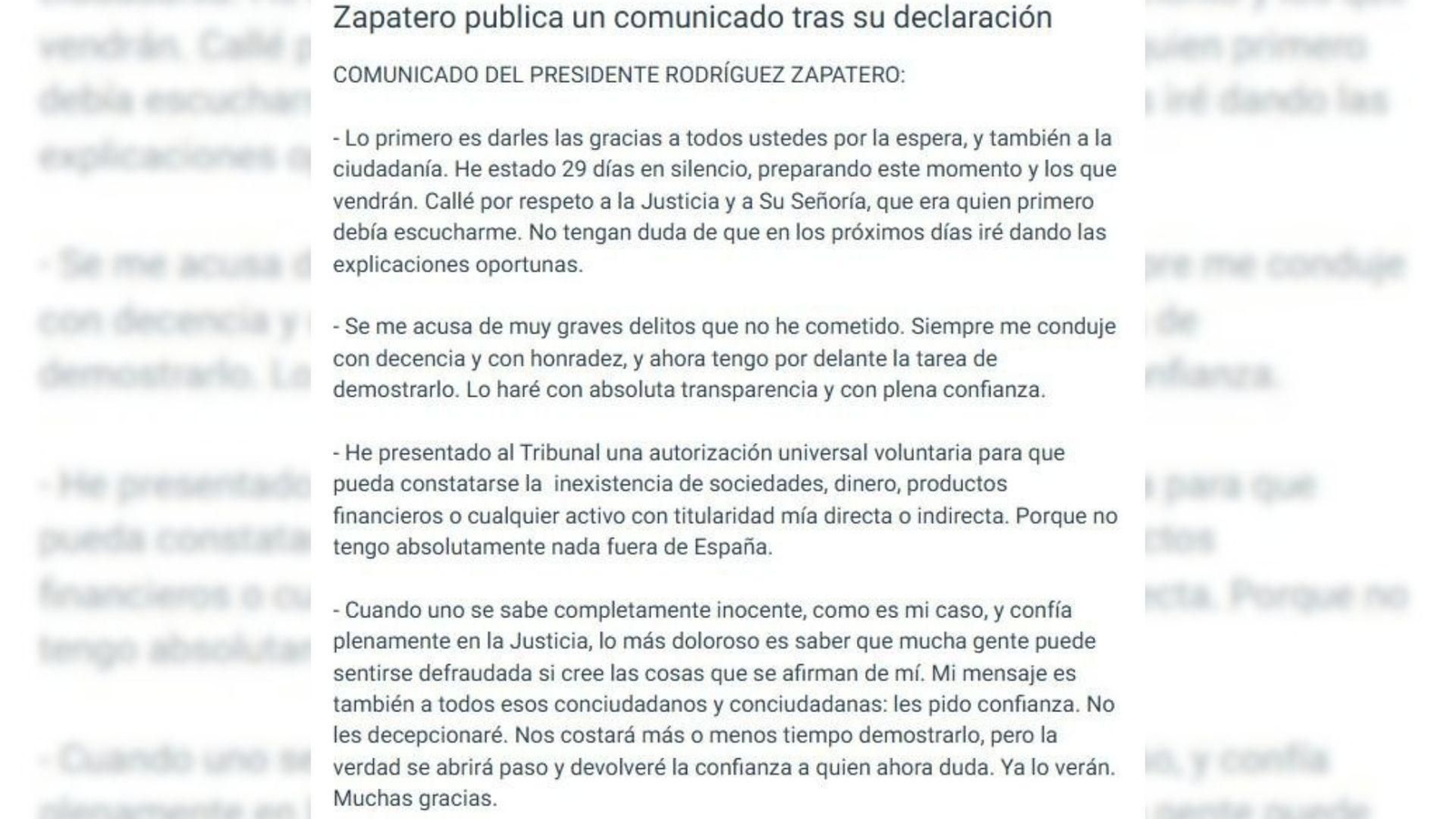 Comunicado de Zapatero tras declarar ante el juez.