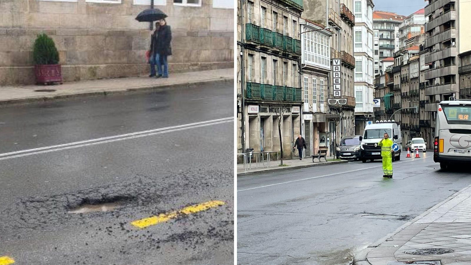 Las lluvias provocaron un agujero en la carretera frente a la Diputación de Ourense