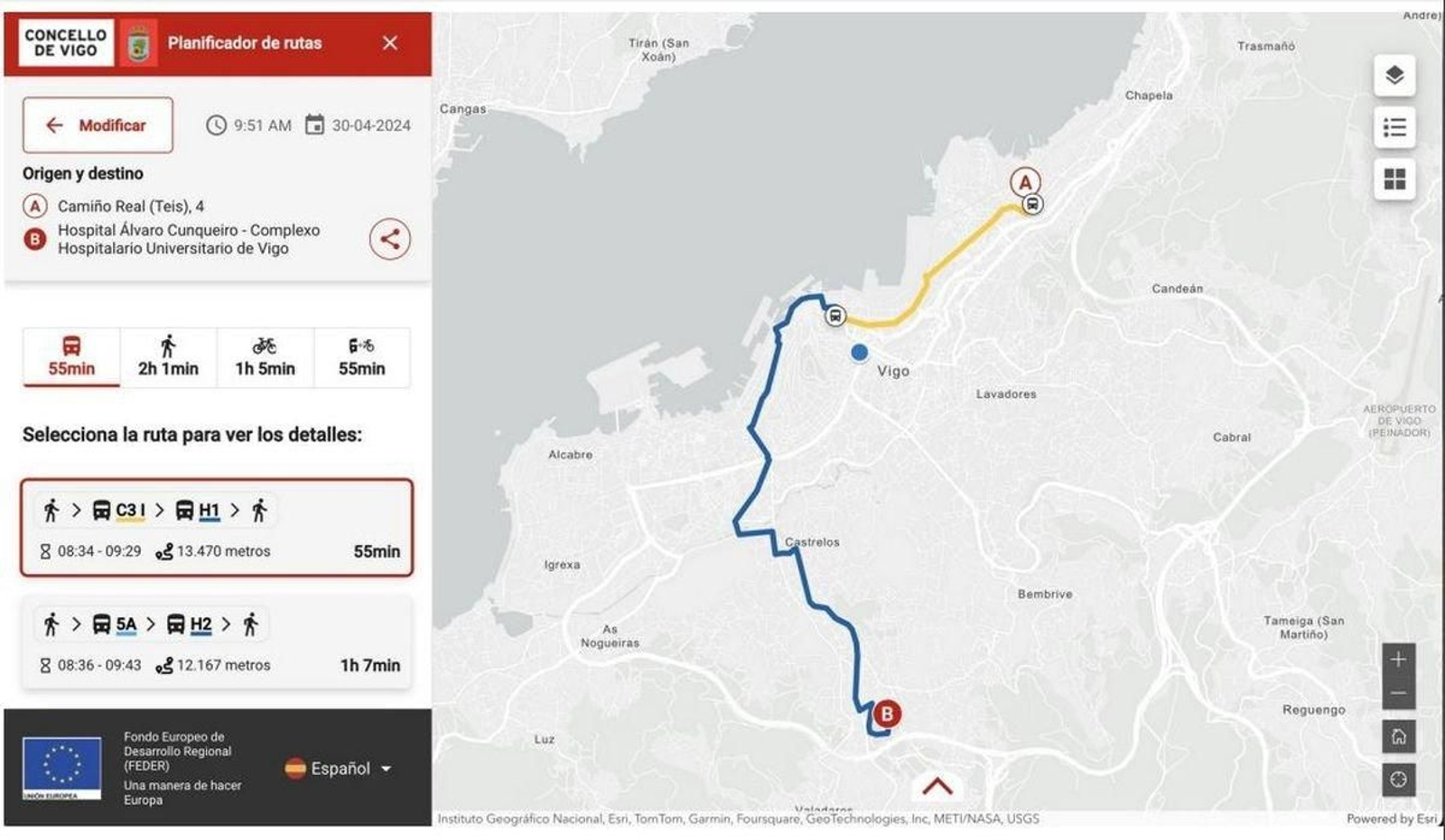 Captura de pantalla del planificador de rutas en acción en la web del Concello.