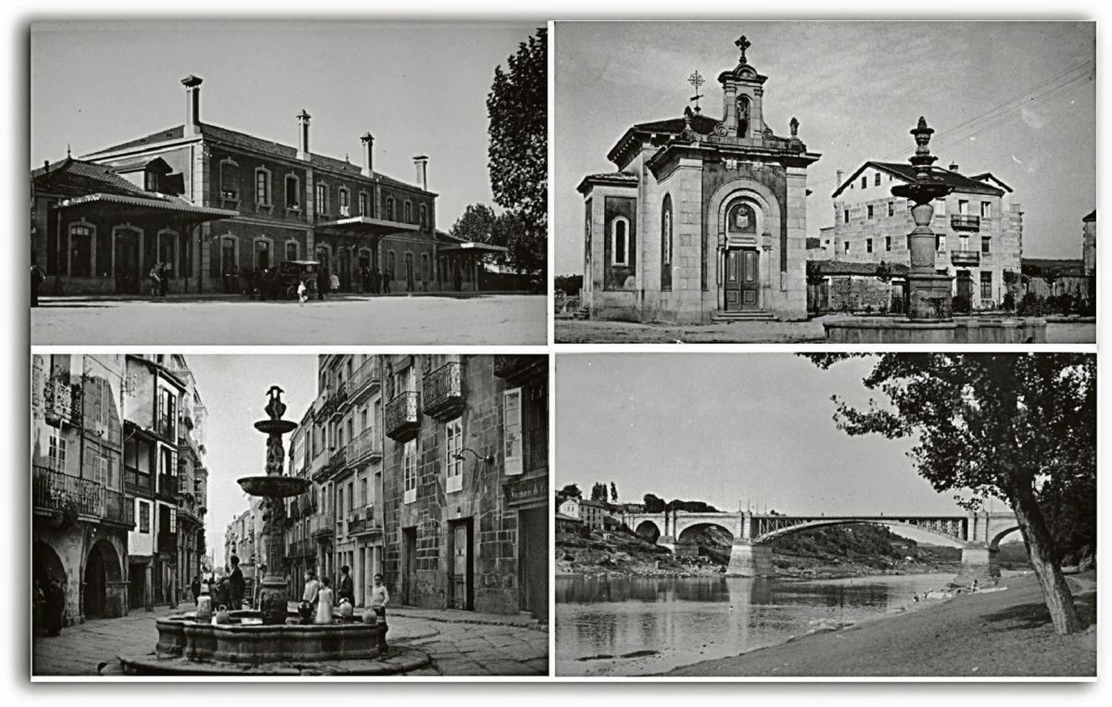 Vieja estación de Canedo, capilla de San Lázaro junto a la fuente del parque, Praza do Ferro y Puente Nuevo. Años 30.