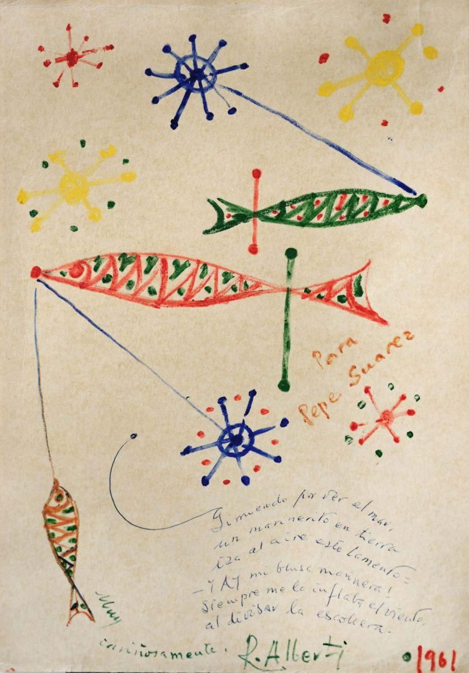 Poema y dibujo que le dedicó a Suárez, Rafael Alberti.