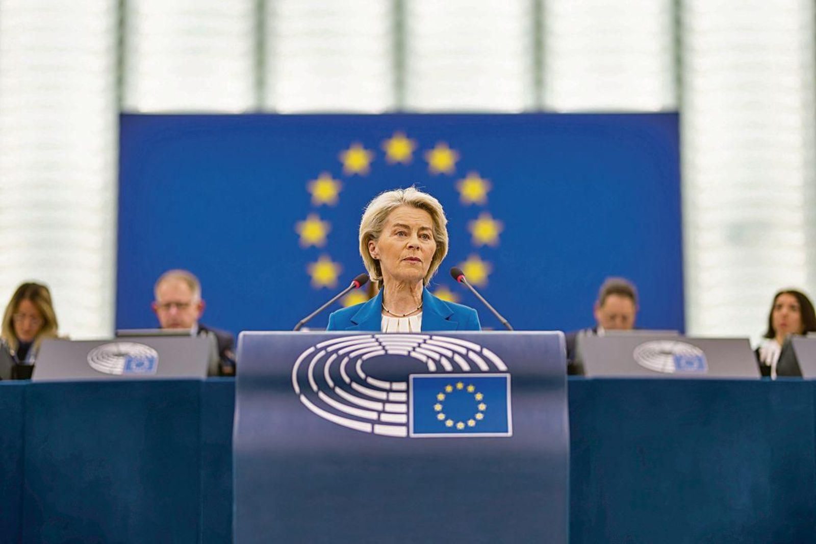 La presidenta de la Comisión Europa, Ursula von der Leyen, en declaraciones a los medios.