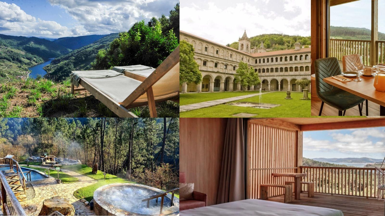 Collage de imágenes de "A Lagariña", "Termas de Prexigueiro", "Cabanas da Luz" y el "Monasterio de Ribas de Sil".