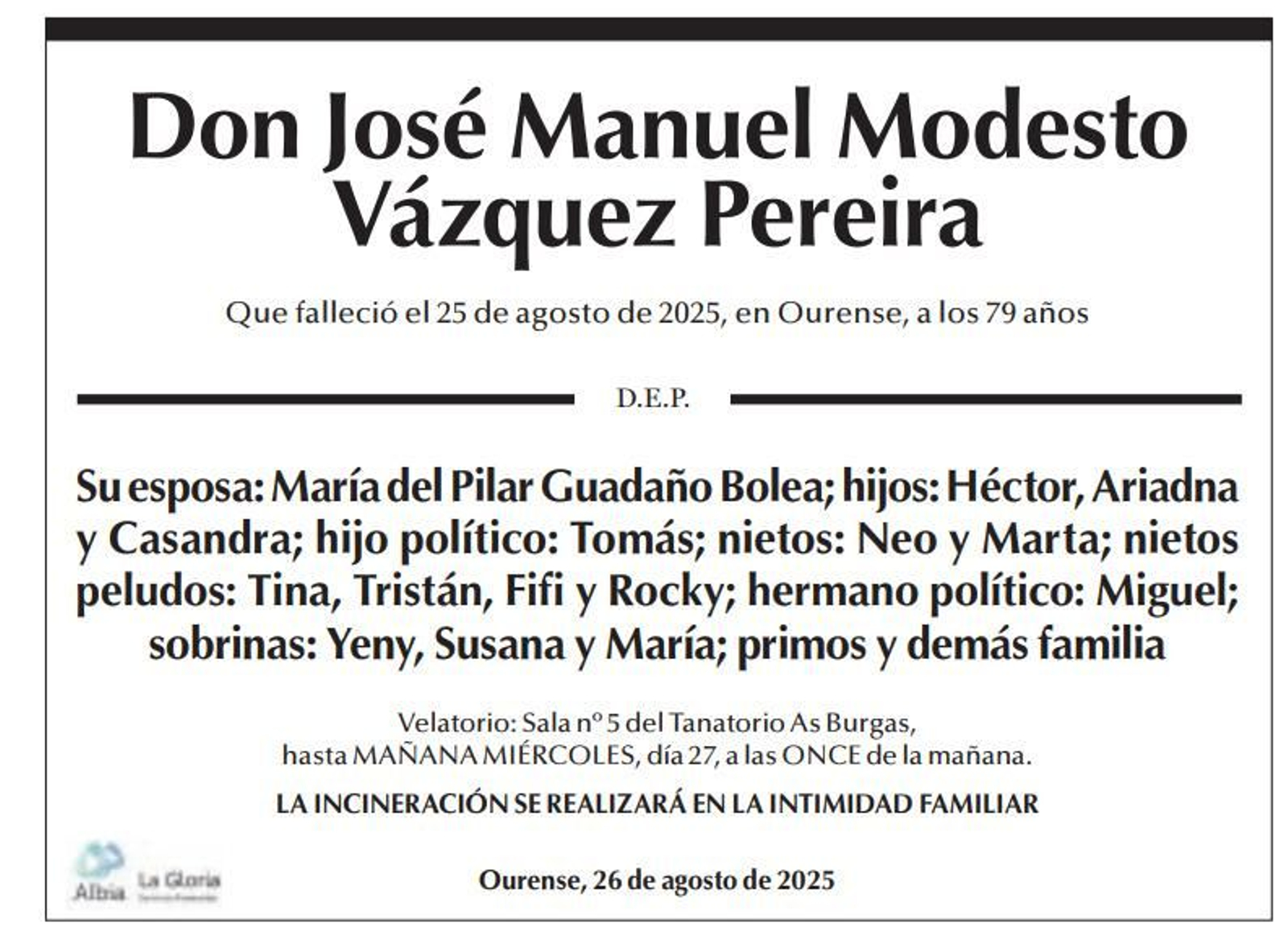 La esquela de Don José Manuel Modesto Vázquez Pereira
