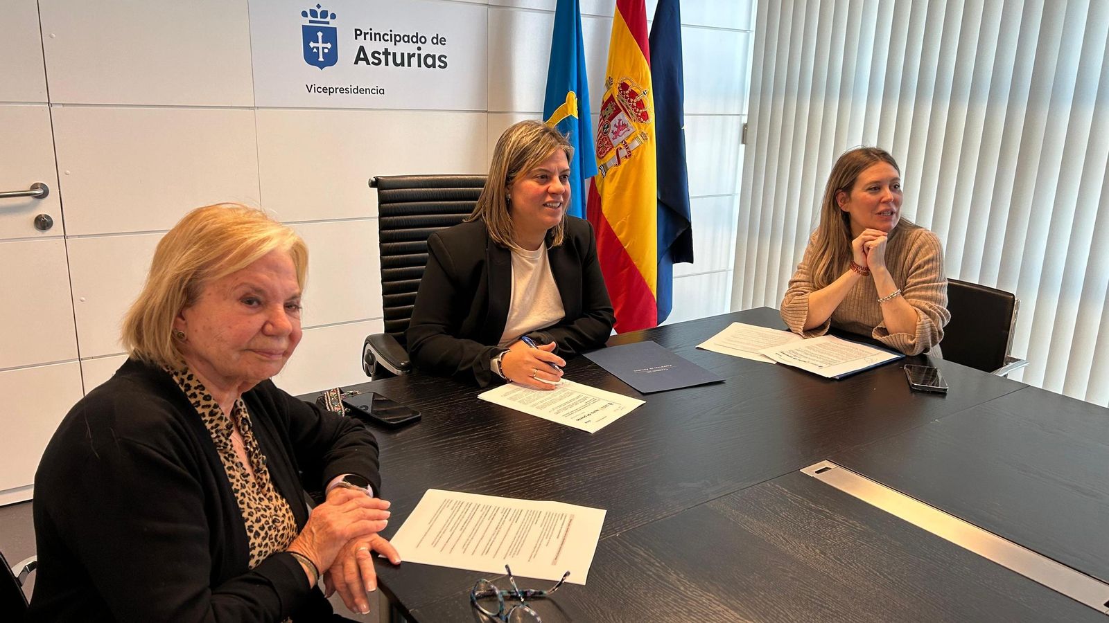 De izquierda a derecha, la presidenta del Consejo de Comunidades Asturianas, María Antonia Fernández Felgueroso; la vicepresidenta del Principado, Gimena Llamedo; y la directora general de Emigración y Políticas de Retorno, Olaya Romano, durante la reunión telemática con la comunidad asturiana en Venezuela.