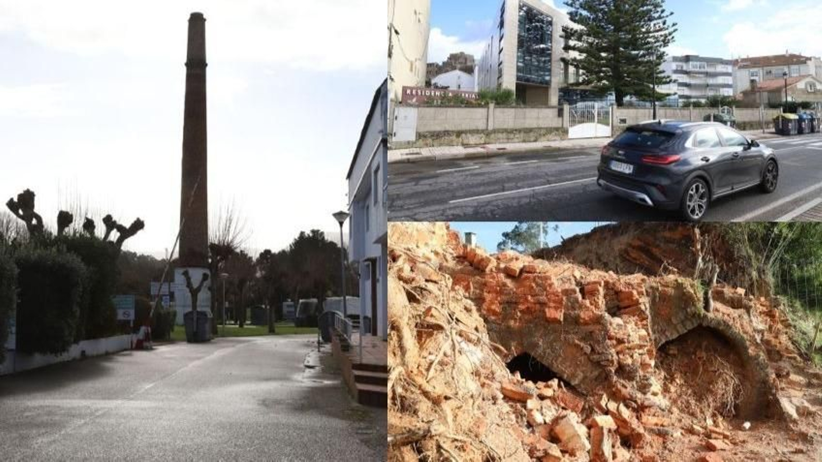 La imagen superior corresponde al solar que alberga una residencia de mayores en A Madorra, en donde el estudio preventivo realizado por Rosa Villar constató la existencia de un alfar Romano. La asociación 'Vigo Industrial' sitúa los hornos encontrados en la rúa Canido, fotografía inferior, en la protoindustria. El máximo exponente de la actividad cerámica se conserva en forma de chimenea, ubicada dentro del camping en donde hace 50 años se asentaba la empresa Cenir S.L.
