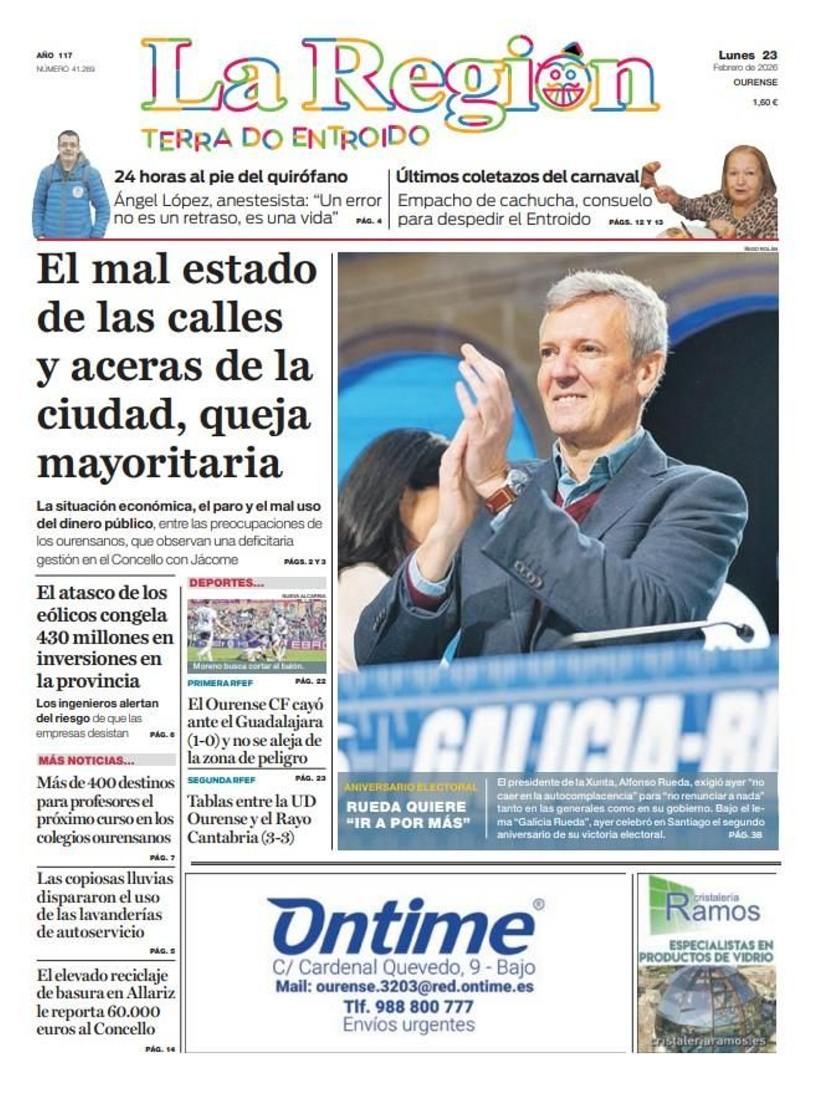 La portada de este lunes 23 de febrero de La Región.