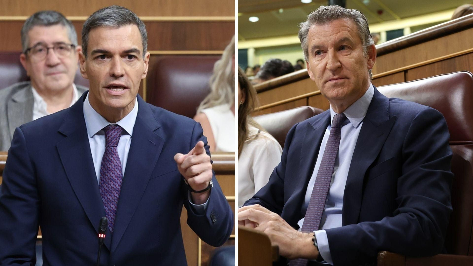 El presidente del Gobierno, Pedro Sánchez, y líder del PP, Alberto Núñez Feijóo, durante la sesión de control al Gobierno en el Congreso.